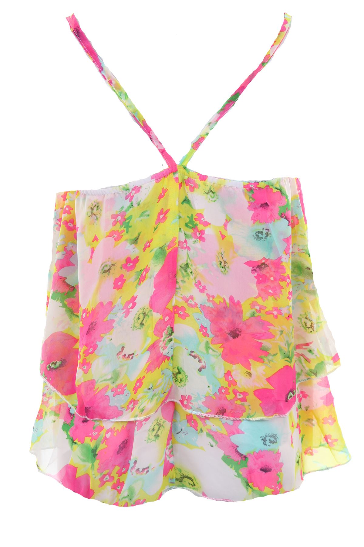 Women/'s Layered Strappy Frill Chiffon Crop Floral Print Ladies Cami Vest Top