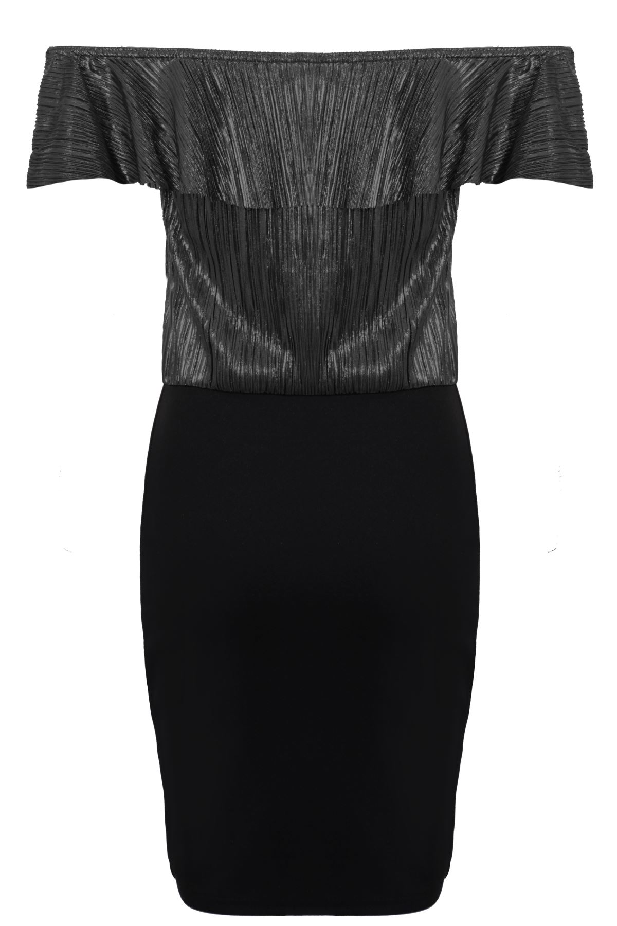 Ladies Ruffle Bardot Off Shoulder Metallic Crinkle Glitter TwoTone Bodycon Dress