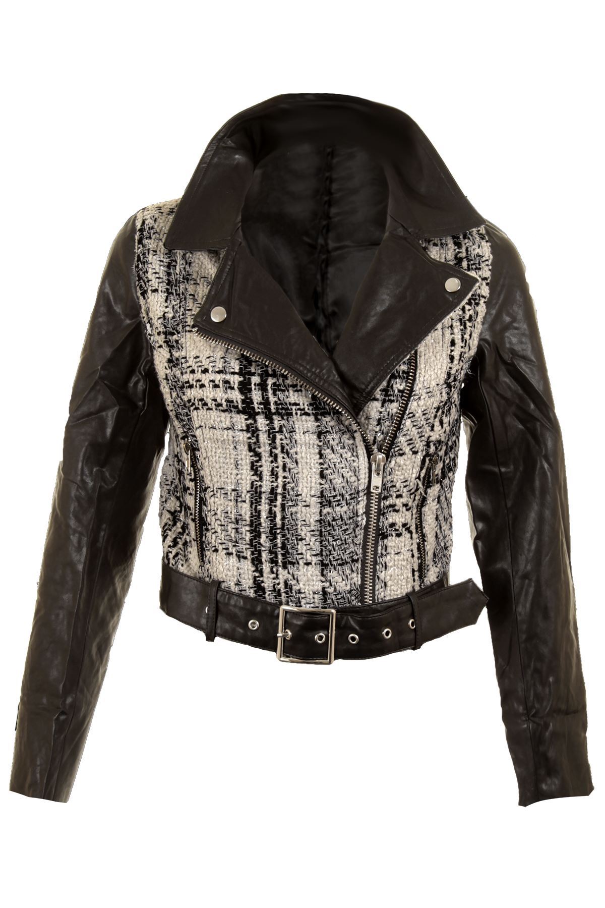 Ladies Knitted Black White PU Leather Belted PVC Biker Women/'s Jacket