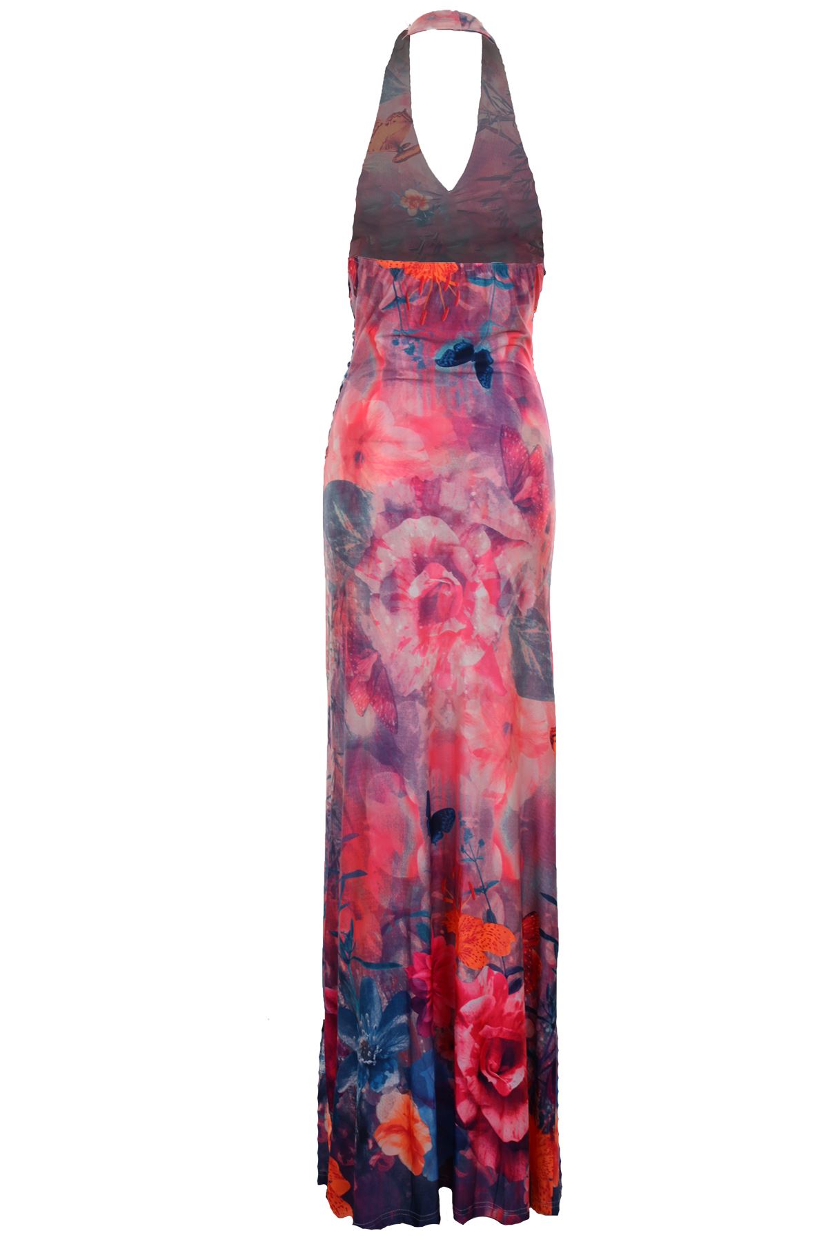 Women/'s Gathered Halterneck Diamante Floral Ladies Long Evening Maxi Dress