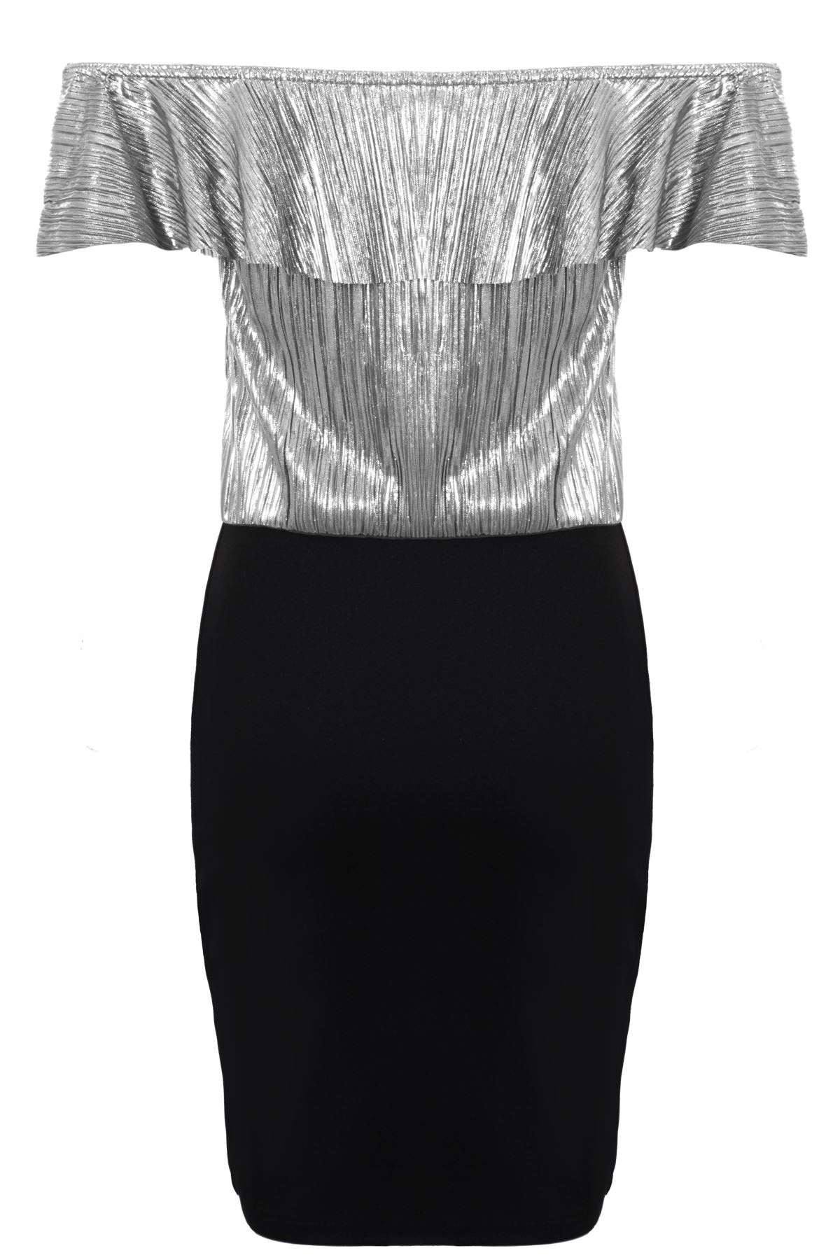 Ladies Ruffle Bardot Off Shoulder Metallic Crinkle Glitter TwoTone Bodycon Dress