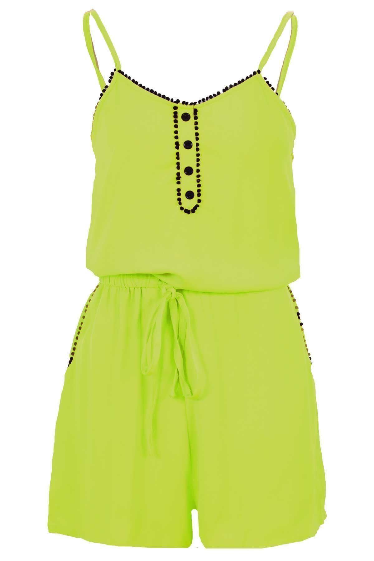 Womens Sleeveless Cami V Neck Pom Pom Hem Casual Flare Boho Jersey Playsuit