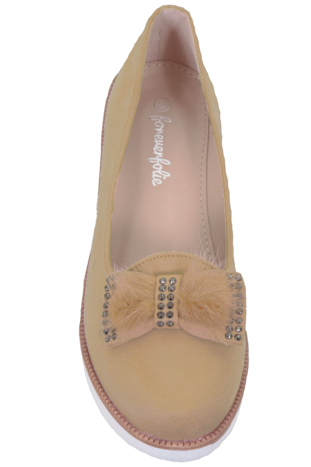 Women’s Dolly Pumps Diamante Fluffy Fur Bow Suede Slip On Small Wedges Shoes