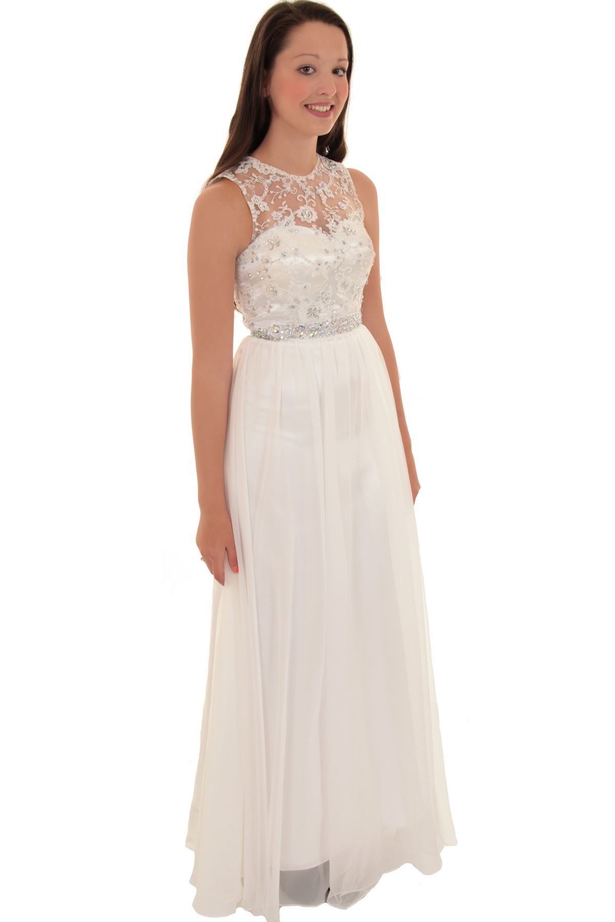 Ladies Sleeveless Jewel Floral Mesh Chiffon Lined Maxi Wedding Prom Gown Dress