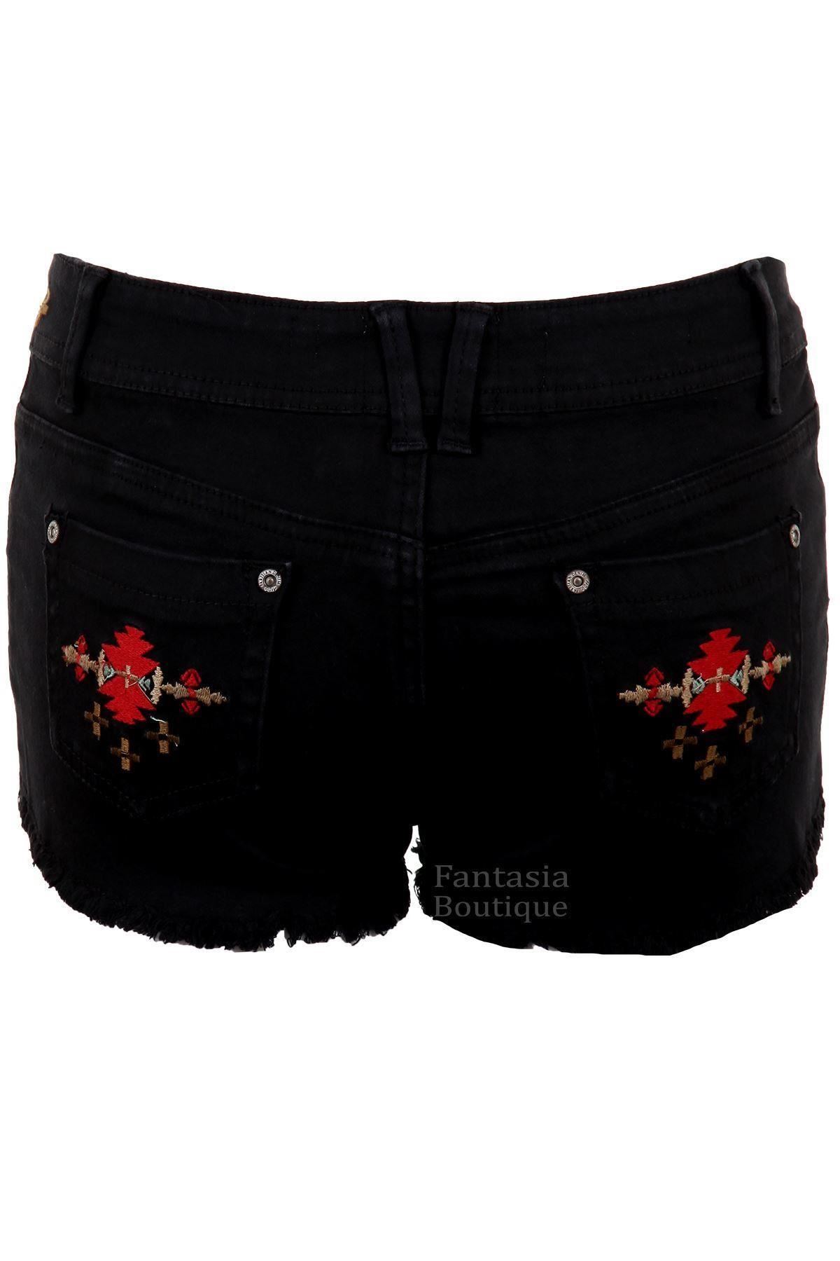 Ladies Denim Pastel Coloured Aztec Summer Shorts Women/'s Fitted Hotpants 6-14