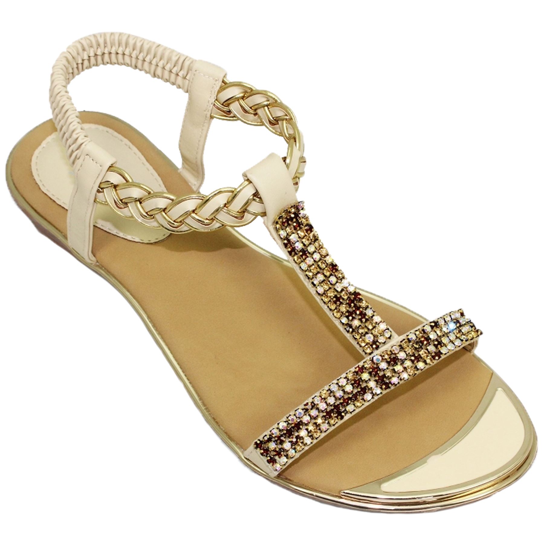 JLH913 Comet Padded Insole Slip On Gold Plate T Bar Gemstone Sandals Shoes