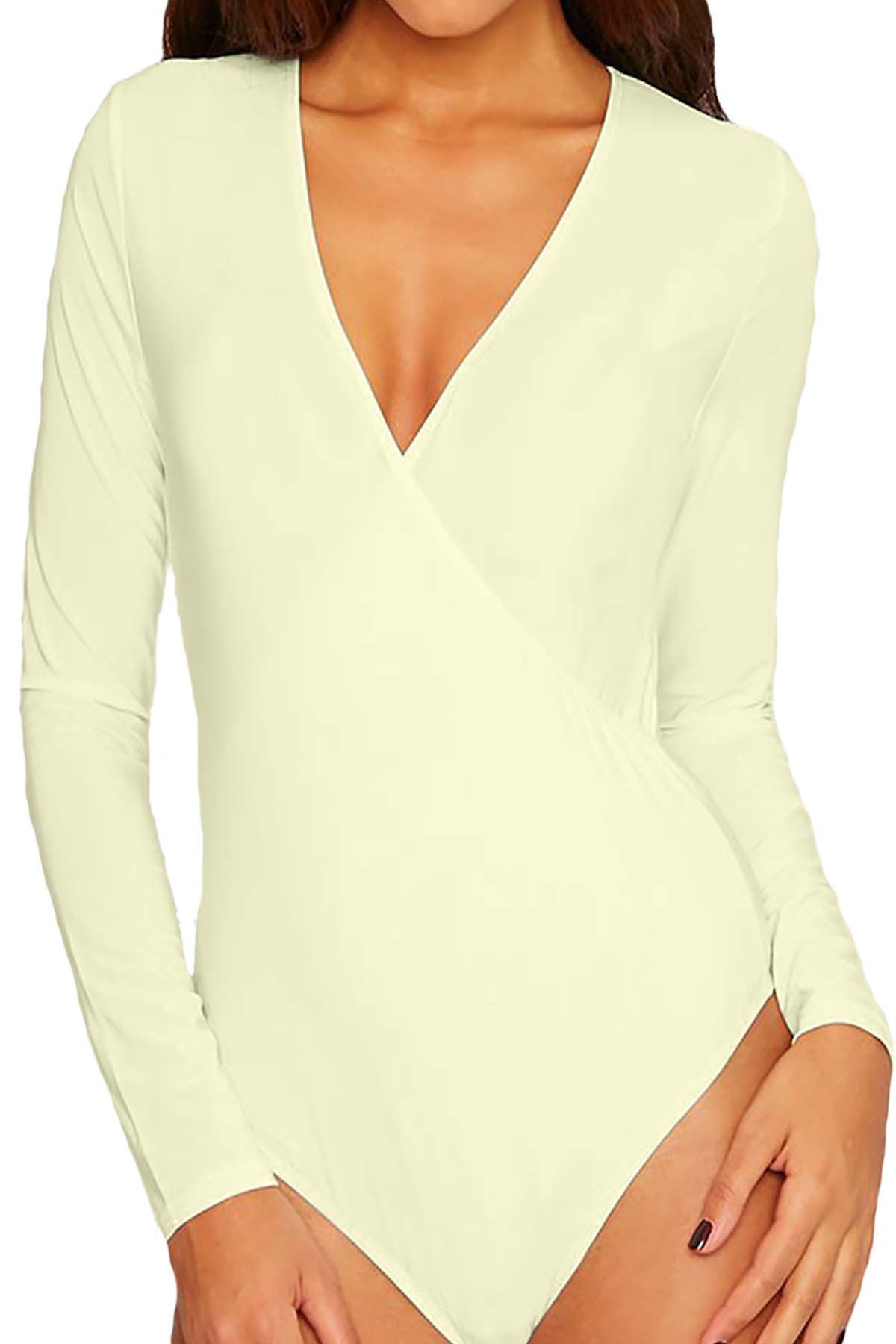 Womens V Neck Plunge Long Sleeve Basic Soft Slinky Wrap Bodysuit Leotard