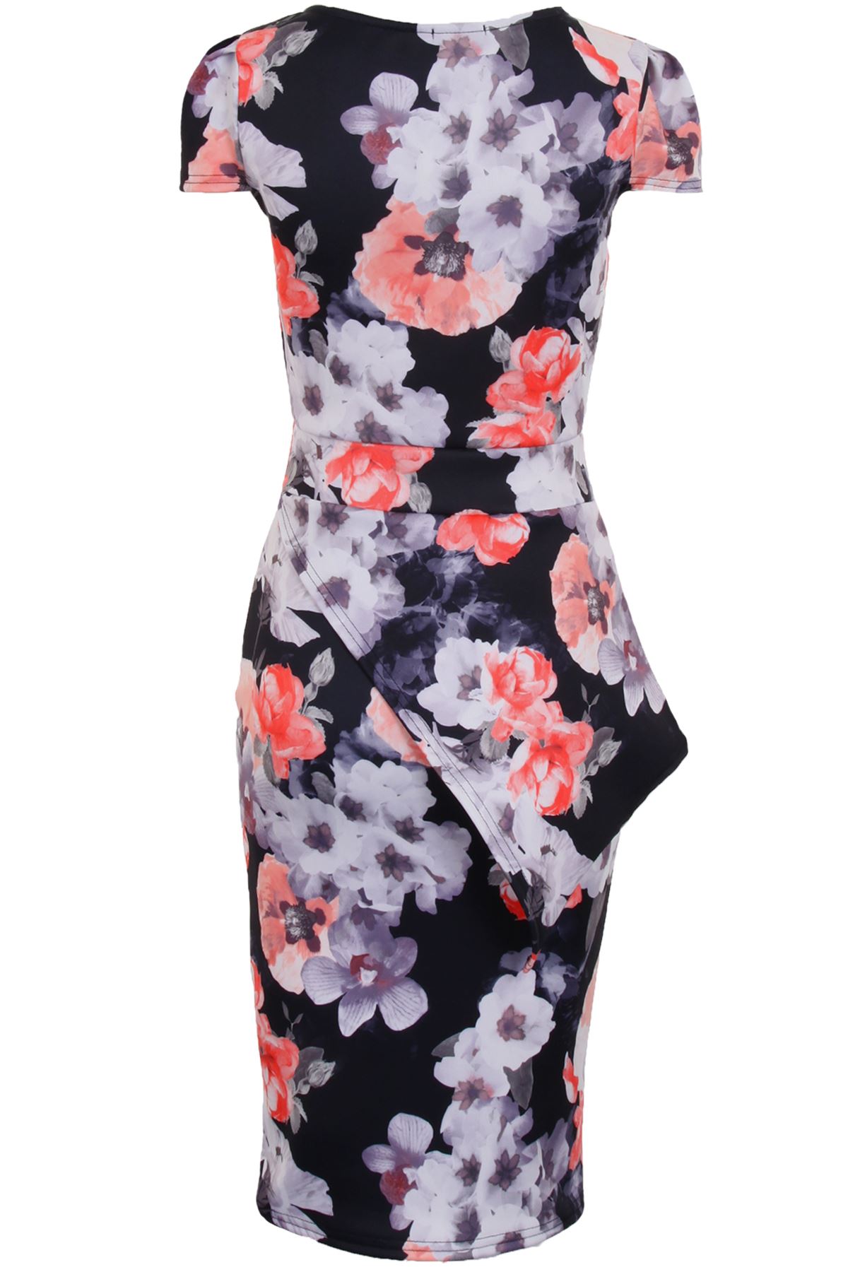 Ladies Cap Sleeve Asymmetric Half Peplum Floral Knee Length Bodycon Dress