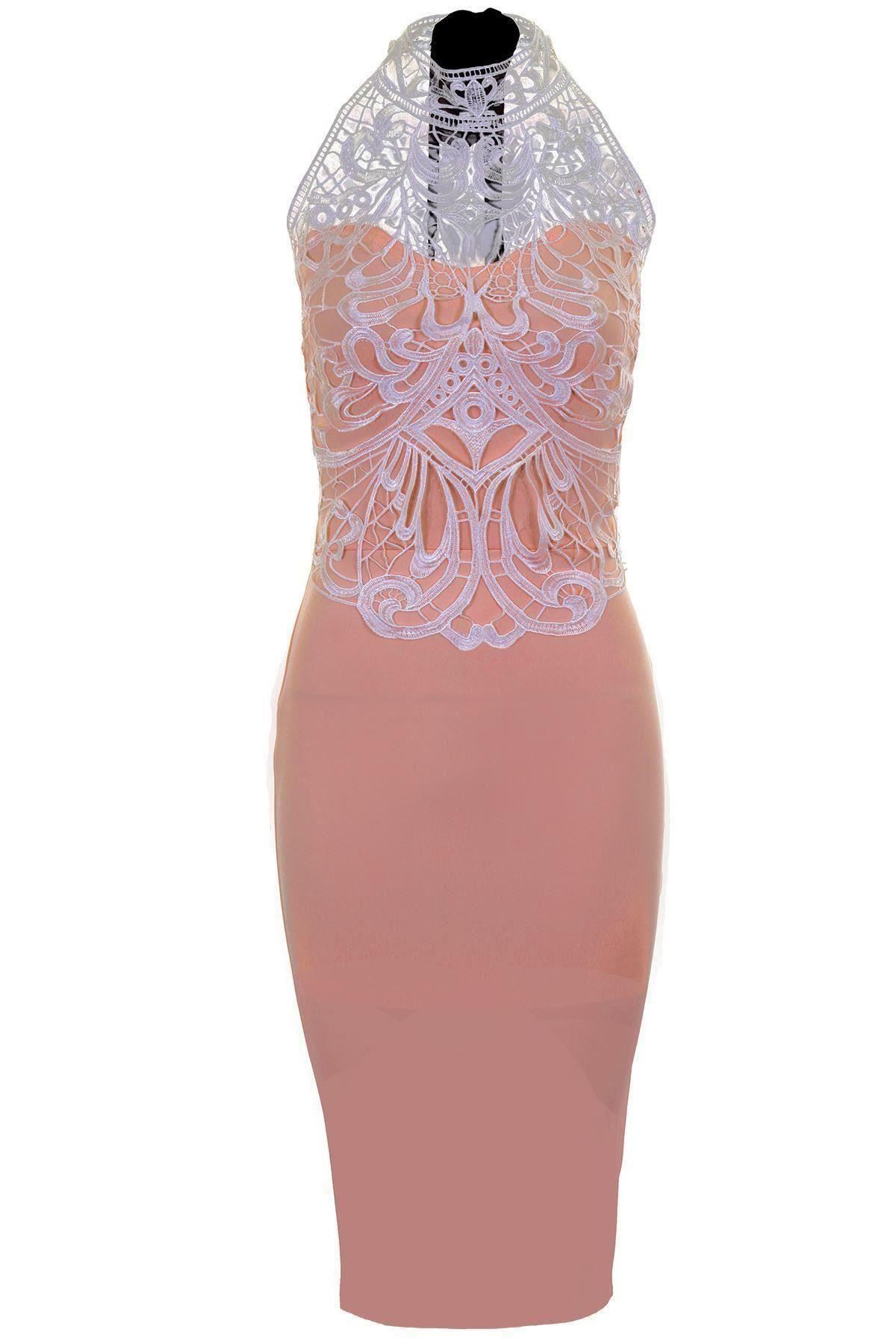 Ladies High Neck Tie Back Lace Crochet Women/'s Party Pencil Bodycon Dress