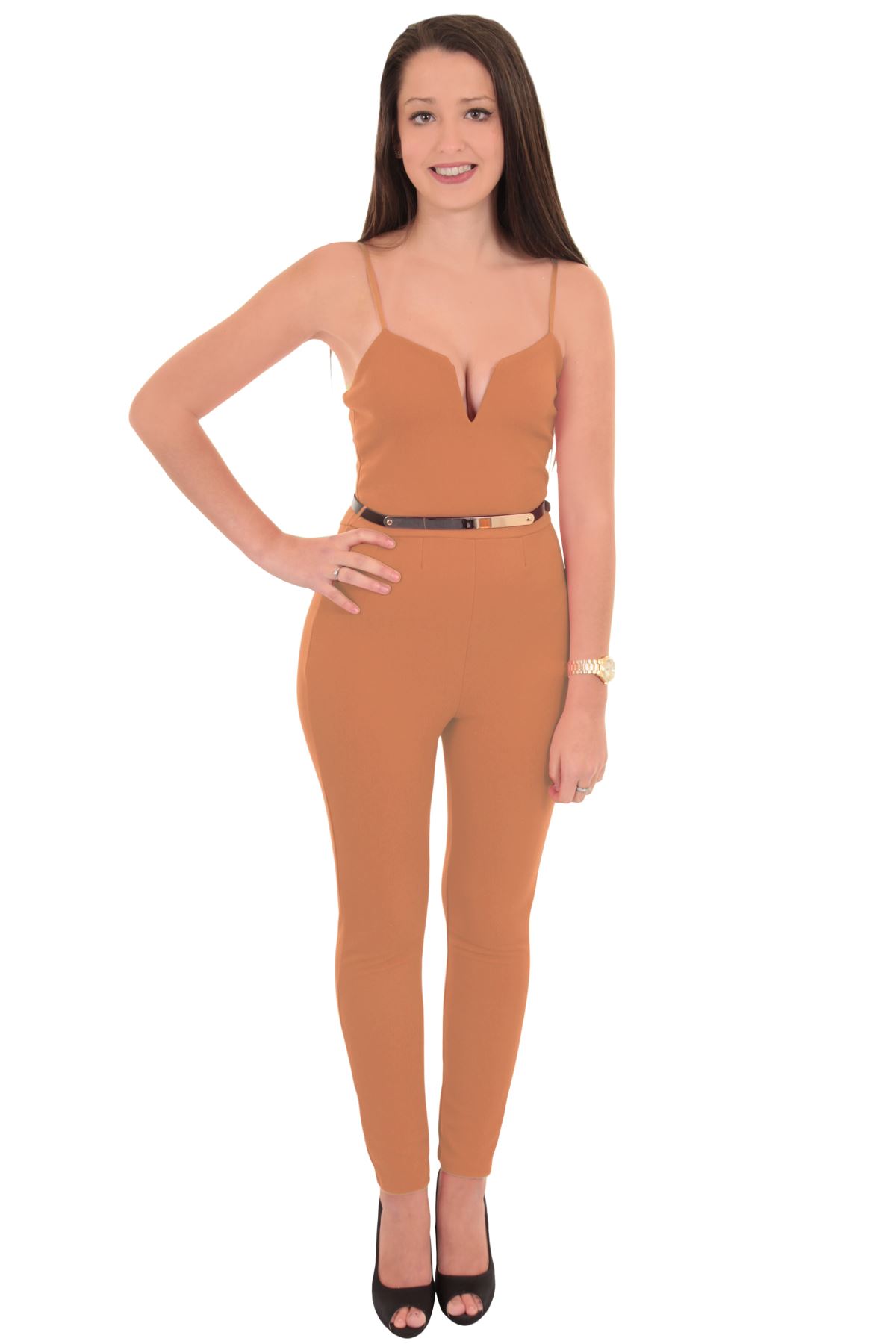 Ladies Square V Neck Sleeveless Strappy Gold Belted Crepe Smart Plain Jumpsuit