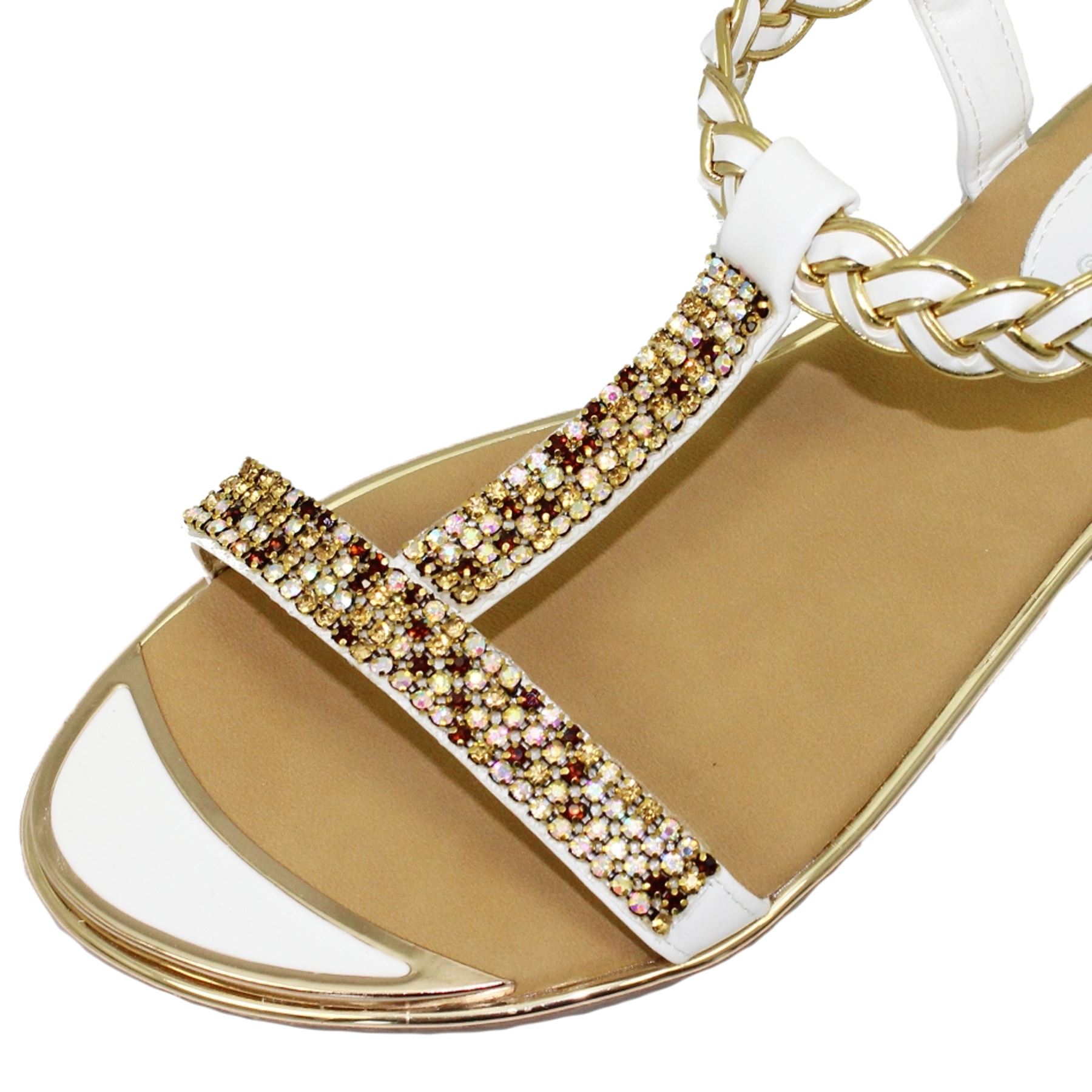 JLH913 Comet Padded Insole Slip On Gold Plate T Bar Gemstone Sandals Shoes
