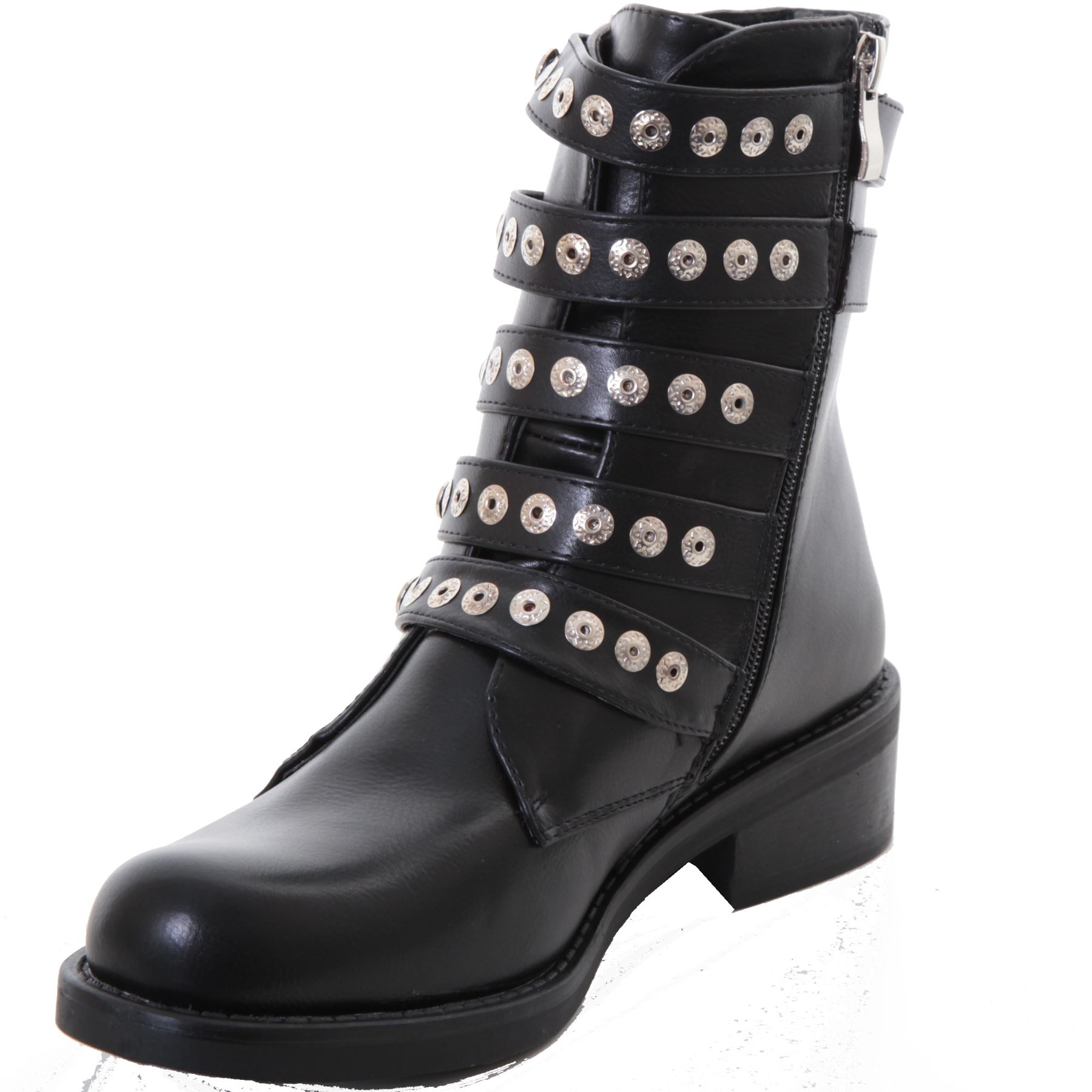 Ladies Chelsea Western Biker Buckle Studded Low Heel Faux Leather Ankle Boots