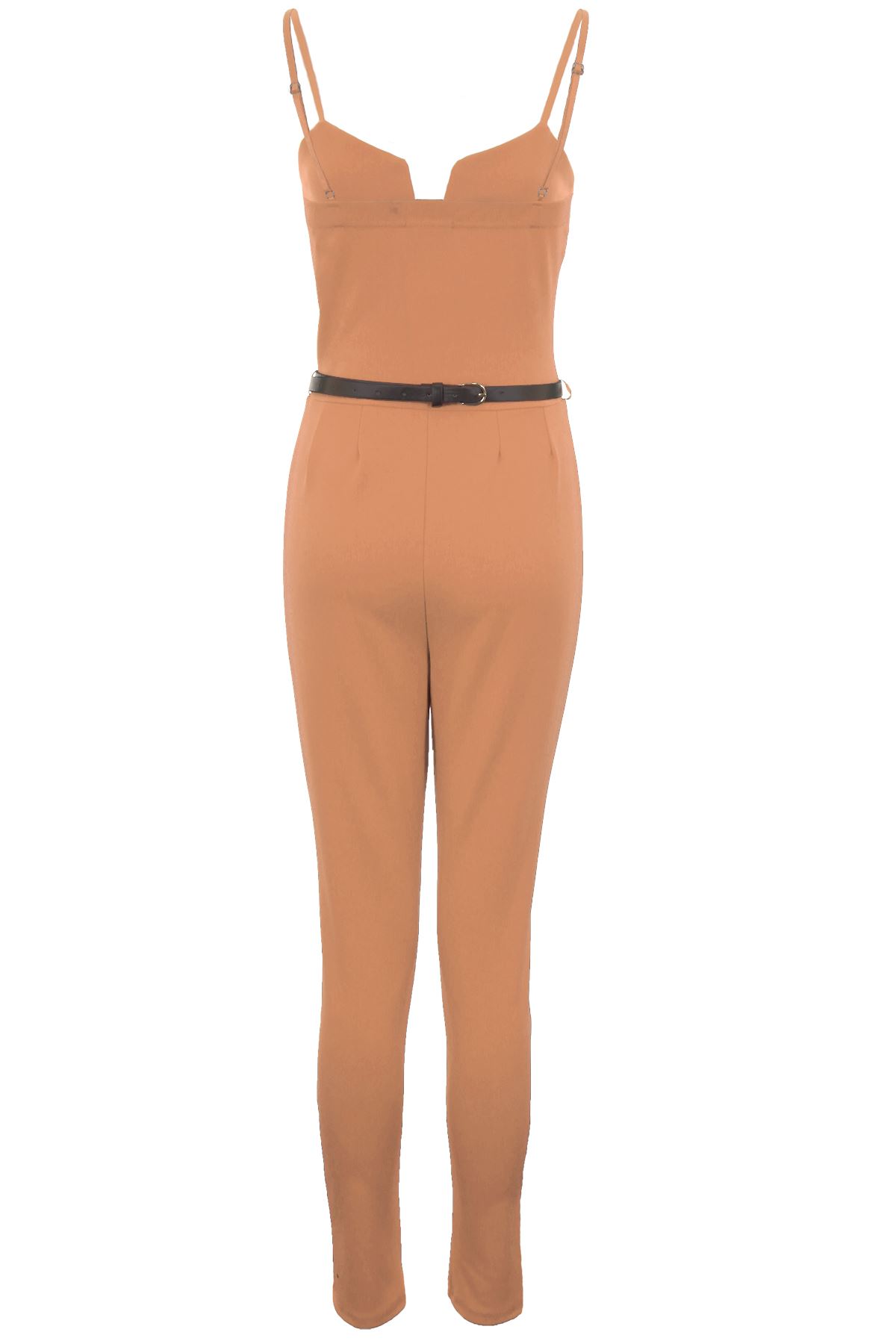 Ladies Square V Neck Sleeveless Strappy Gold Belted Crepe Smart Plain Jumpsuit