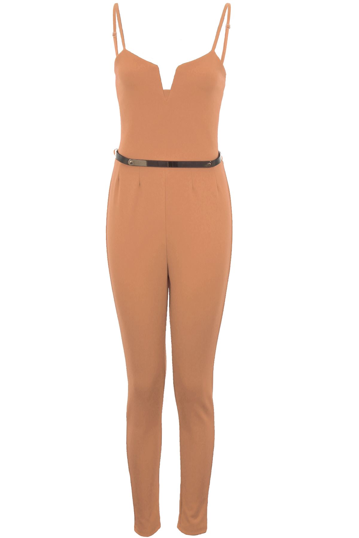 Ladies Square V Neck Sleeveless Strappy Gold Belted Crepe Smart Plain Jumpsuit