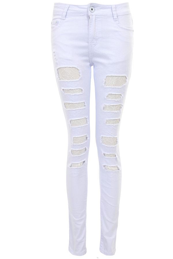 Womens Mesh Lace Insert Distressed Slit Ripped Slashed Slim Fit Skinny Jeans