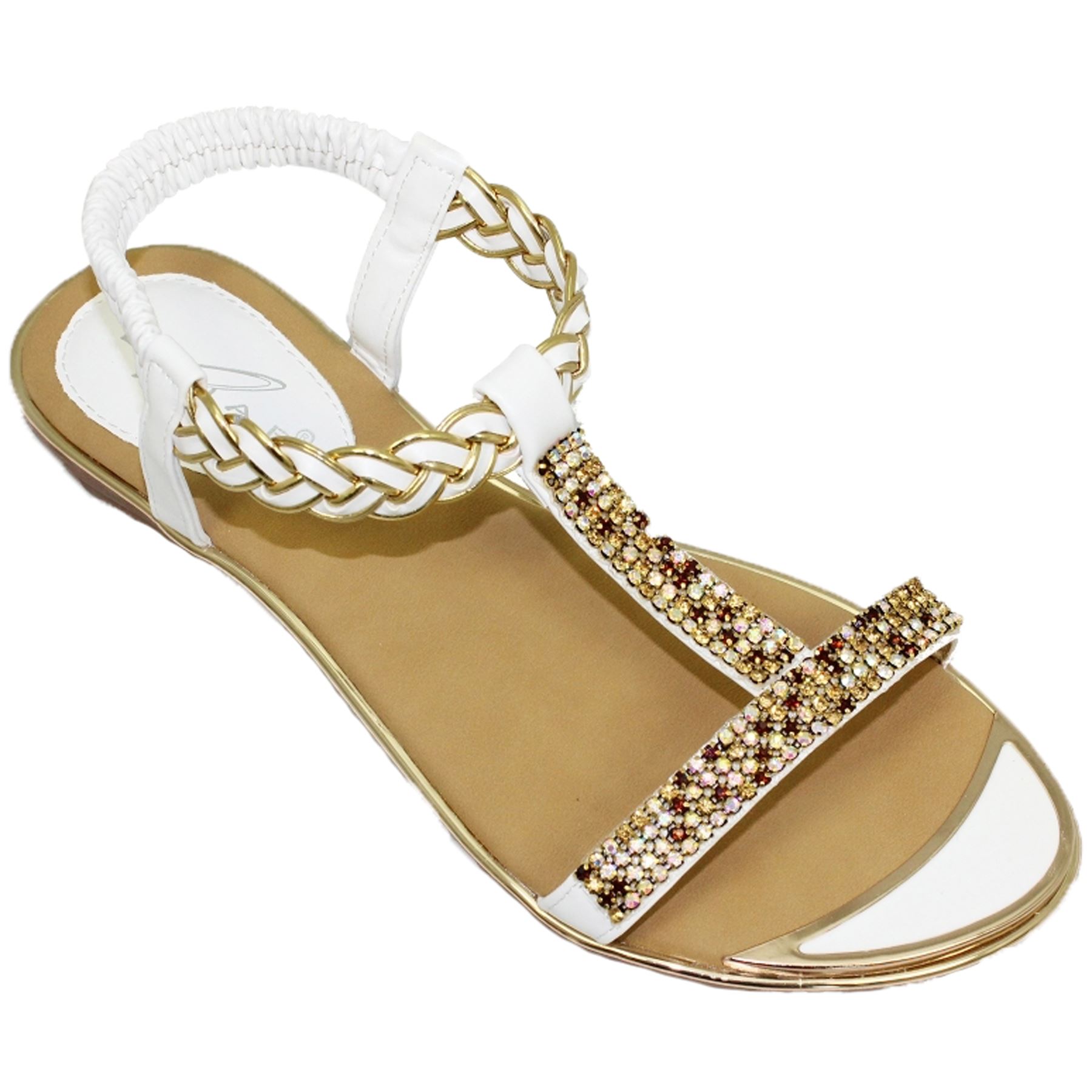 JLH913 Comet Padded Insole Slip On Gold Plate T Bar Gemstone Sandals Shoes
