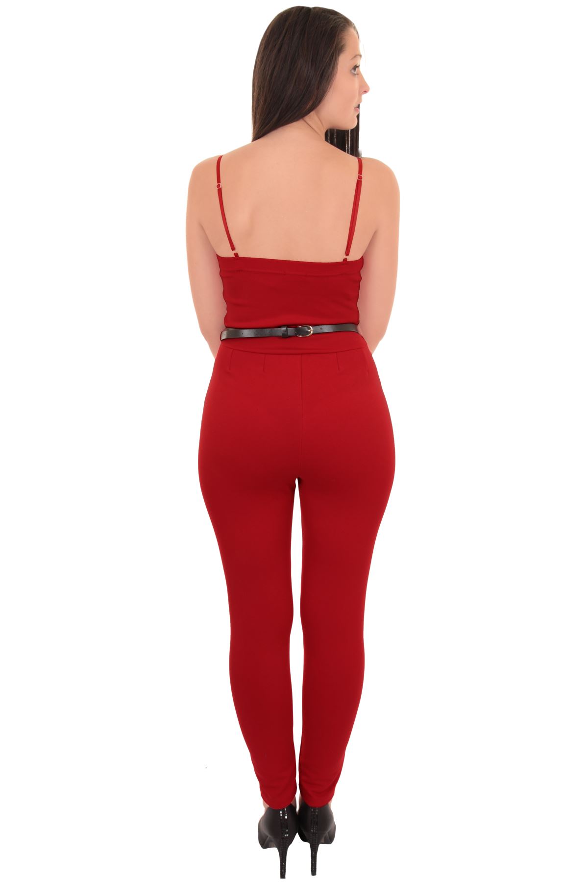 Ladies Square V Neck Sleeveless Strappy Gold Belted Crepe Smart Plain Jumpsuit