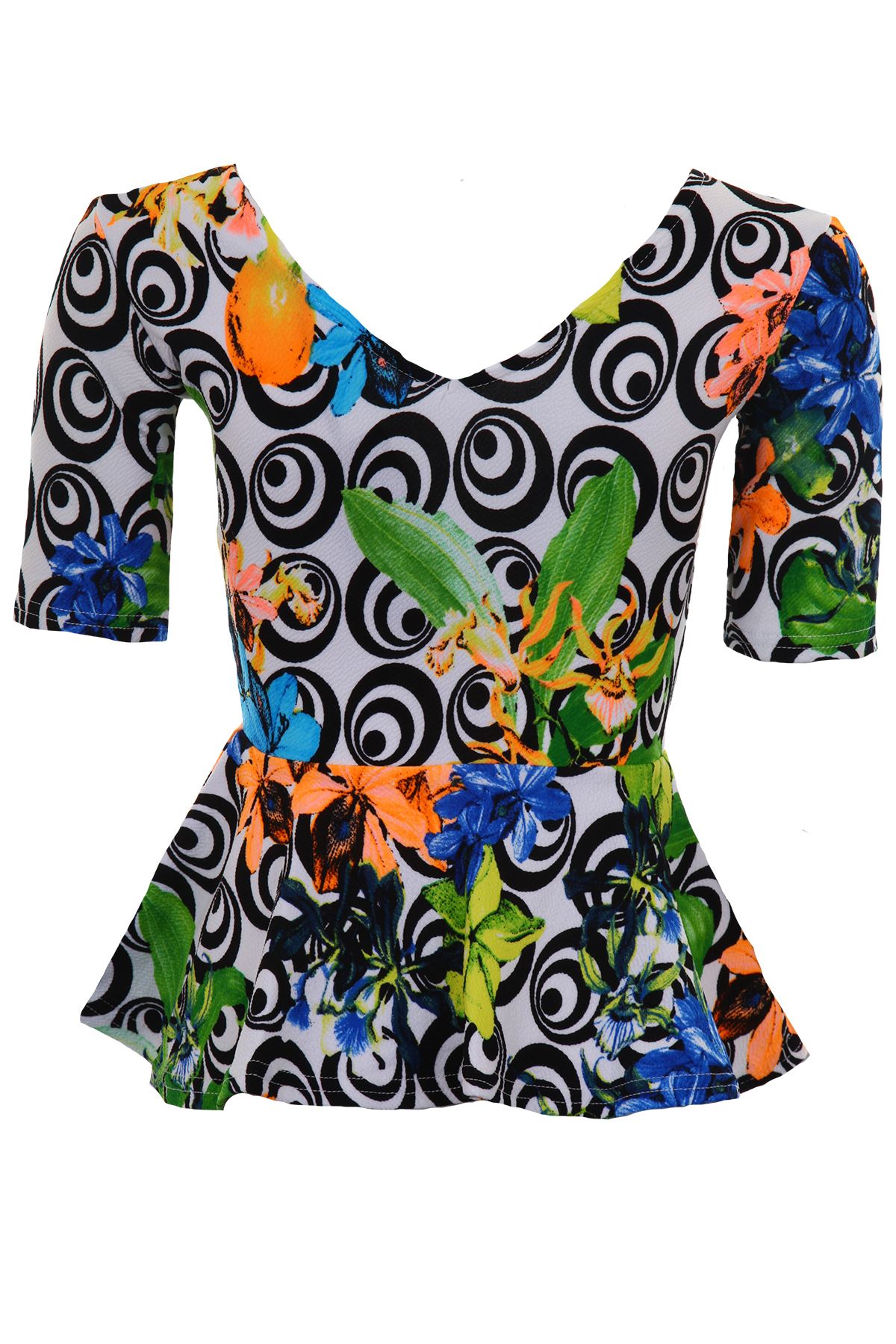 Ladies Short Sleeve V Neck Swirl Floral Print Women/'s Textured Peplum Frill Top
