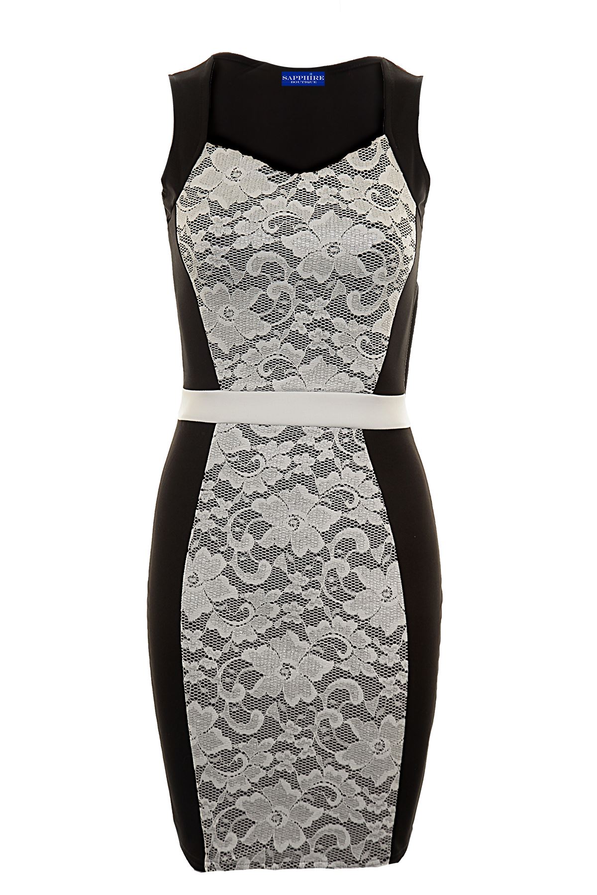 Women/'s Sleeveless Mesh Lace Insert Stripe Waist Ladies Bodyon Dress