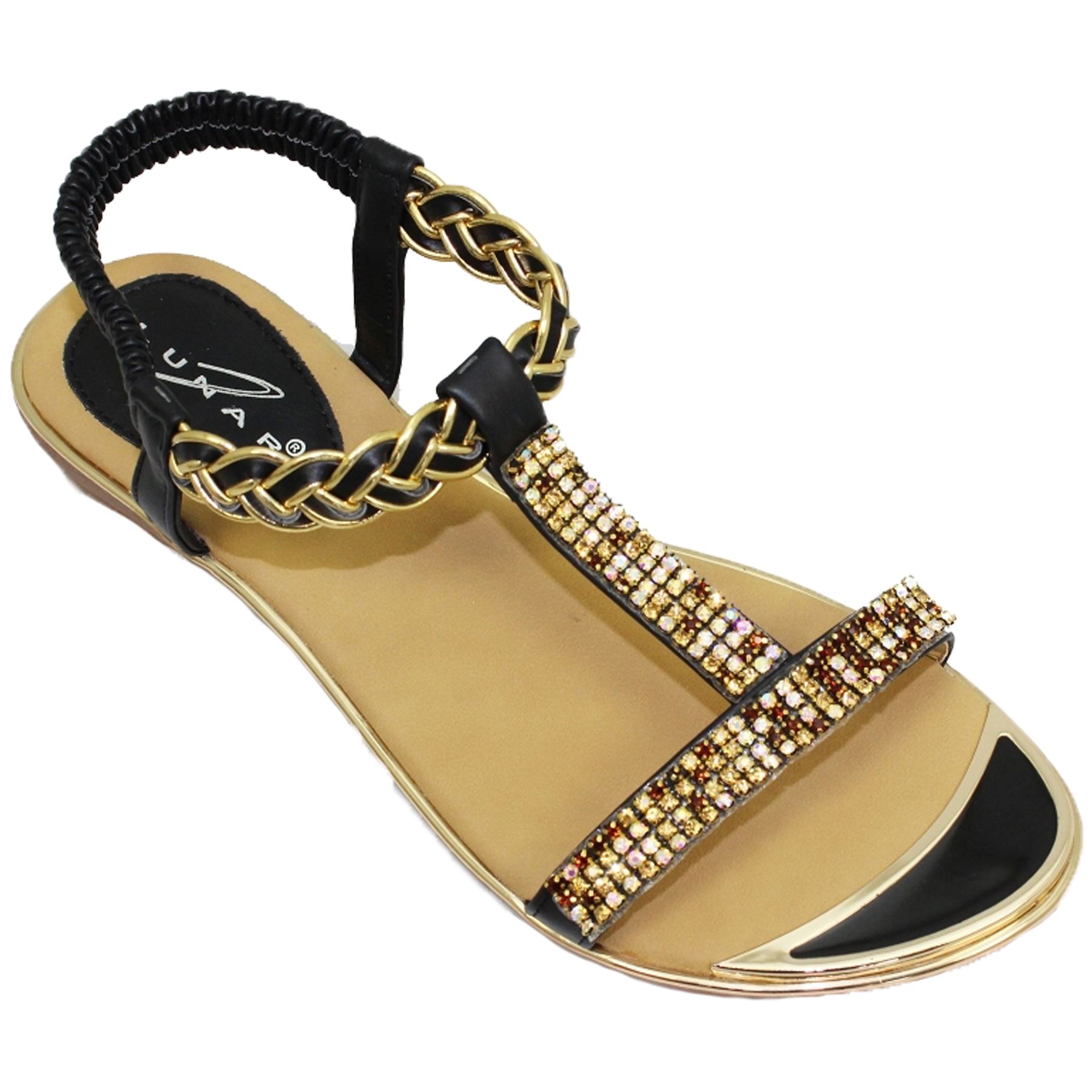 JLH913 Comet Slip On Padded Insole T Bar Gemstone Gold Plate Shoes Sandals