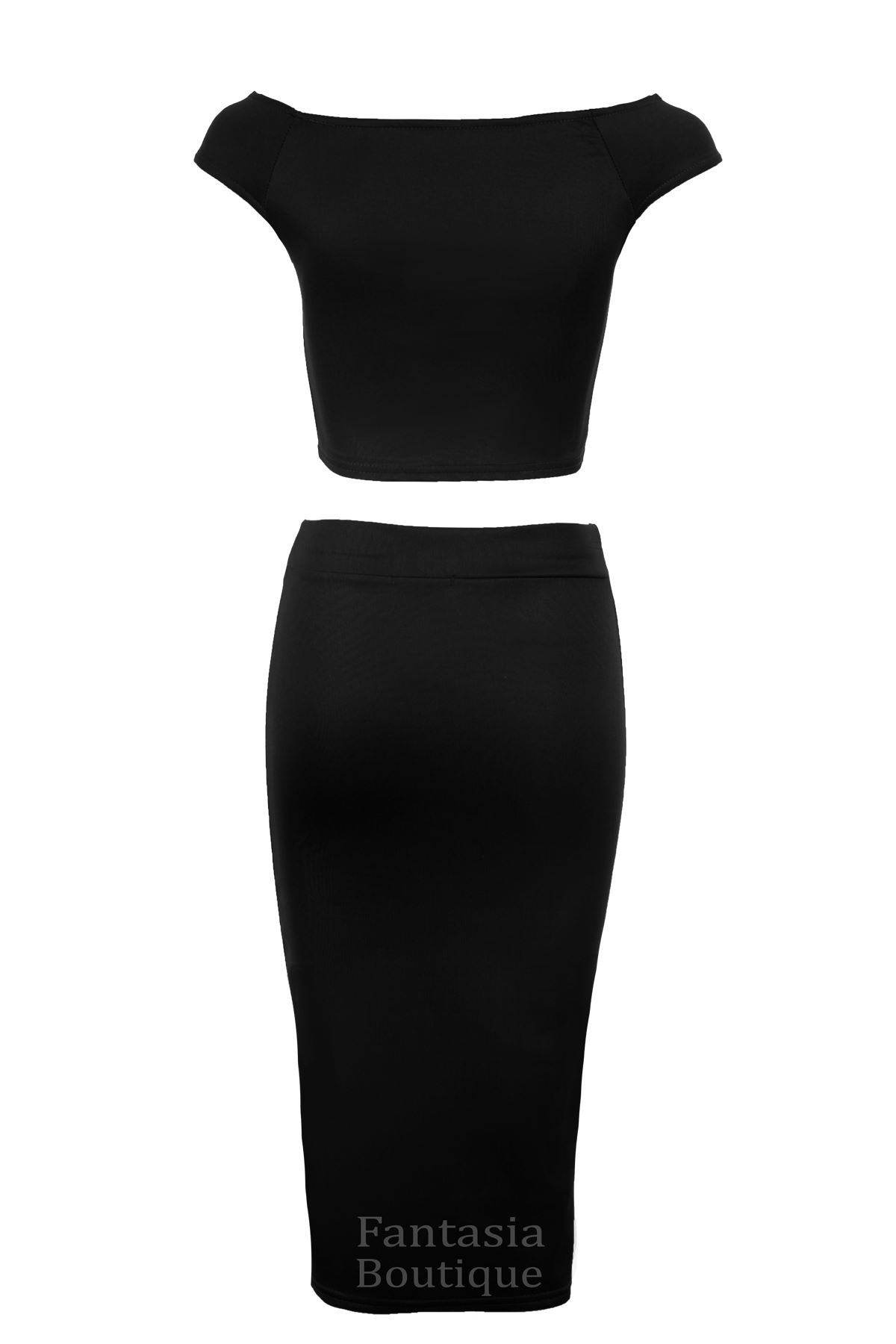 Ladies Women’s Black Lace Contrast Crop Top Pencil Bodycon Midi Skirt Suit 8-14