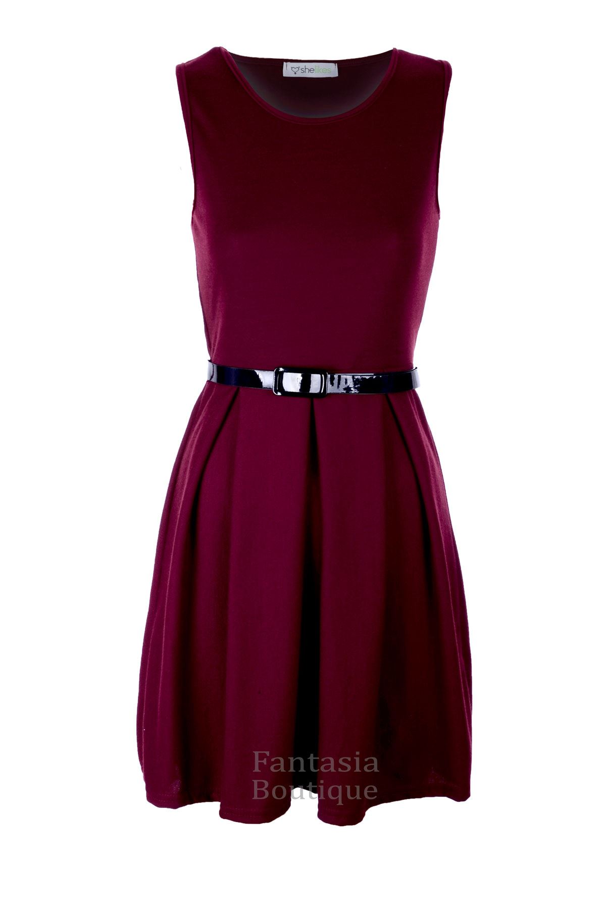 New Ladies Sleeveless Tailored Belted Skater Top Pleated Party Womens Dress