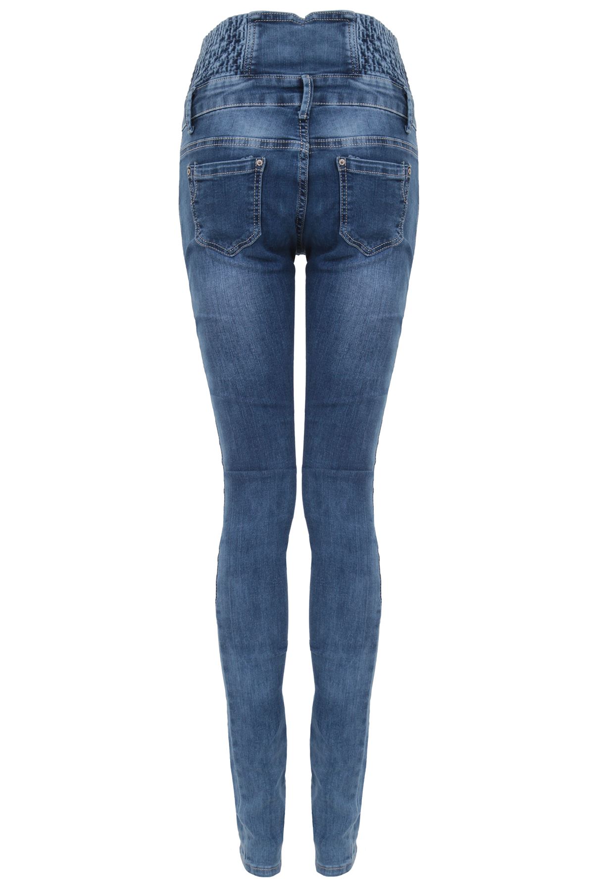 Ladies Elasticated High Waist Faded Denim Slim Fitted Skinny Smart Jeans