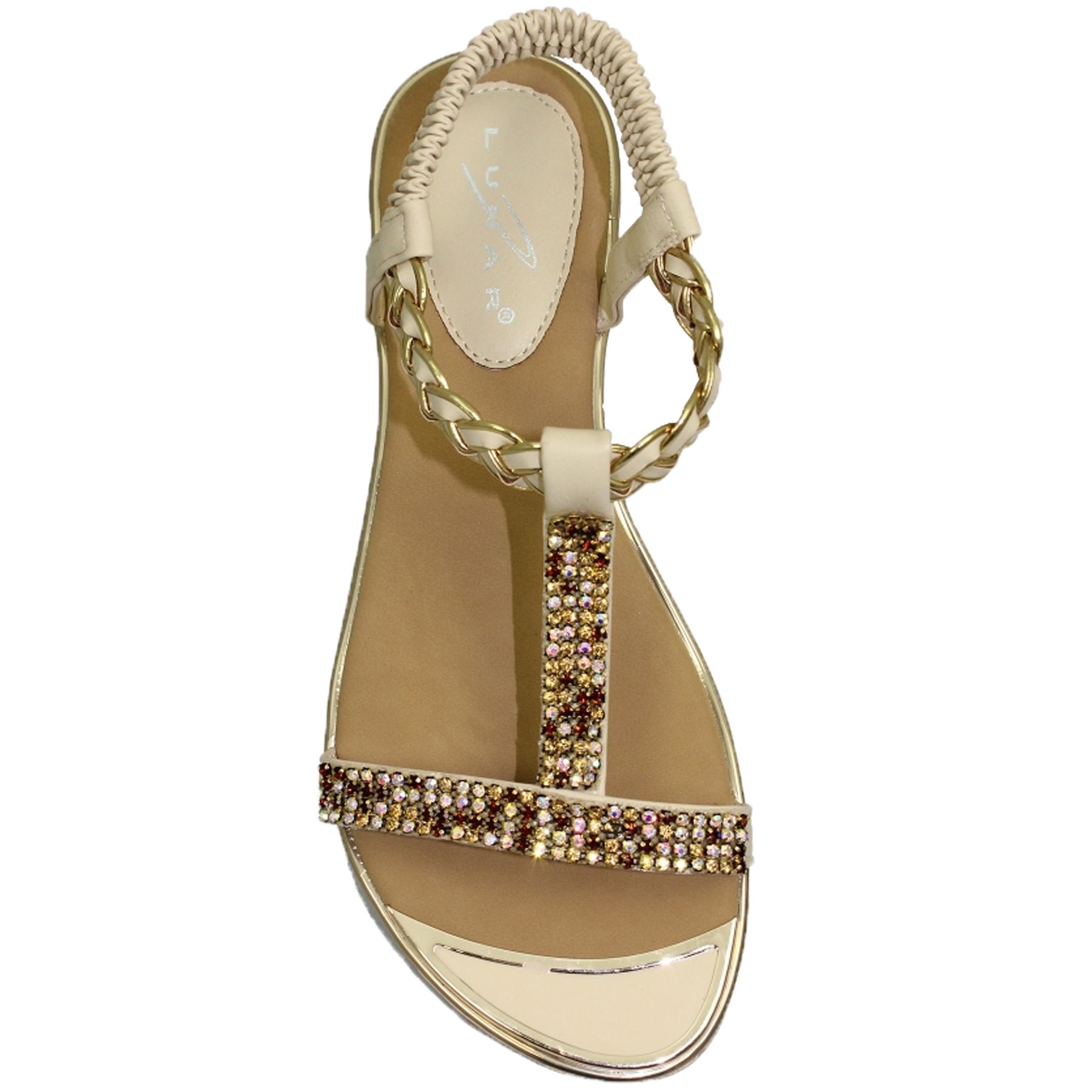 JLH913 Comet Slip On Padded Insole T Bar Gemstone Gold Plate Shoes Sandals