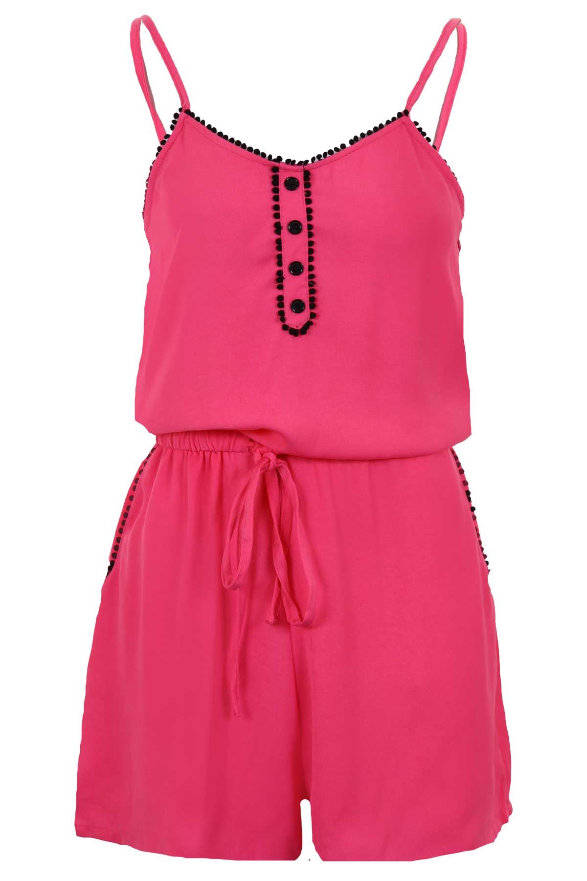 Ladies Sleeveless Strappy Pom Gathered Casual Tie Waist Cami Romper Playsuit
