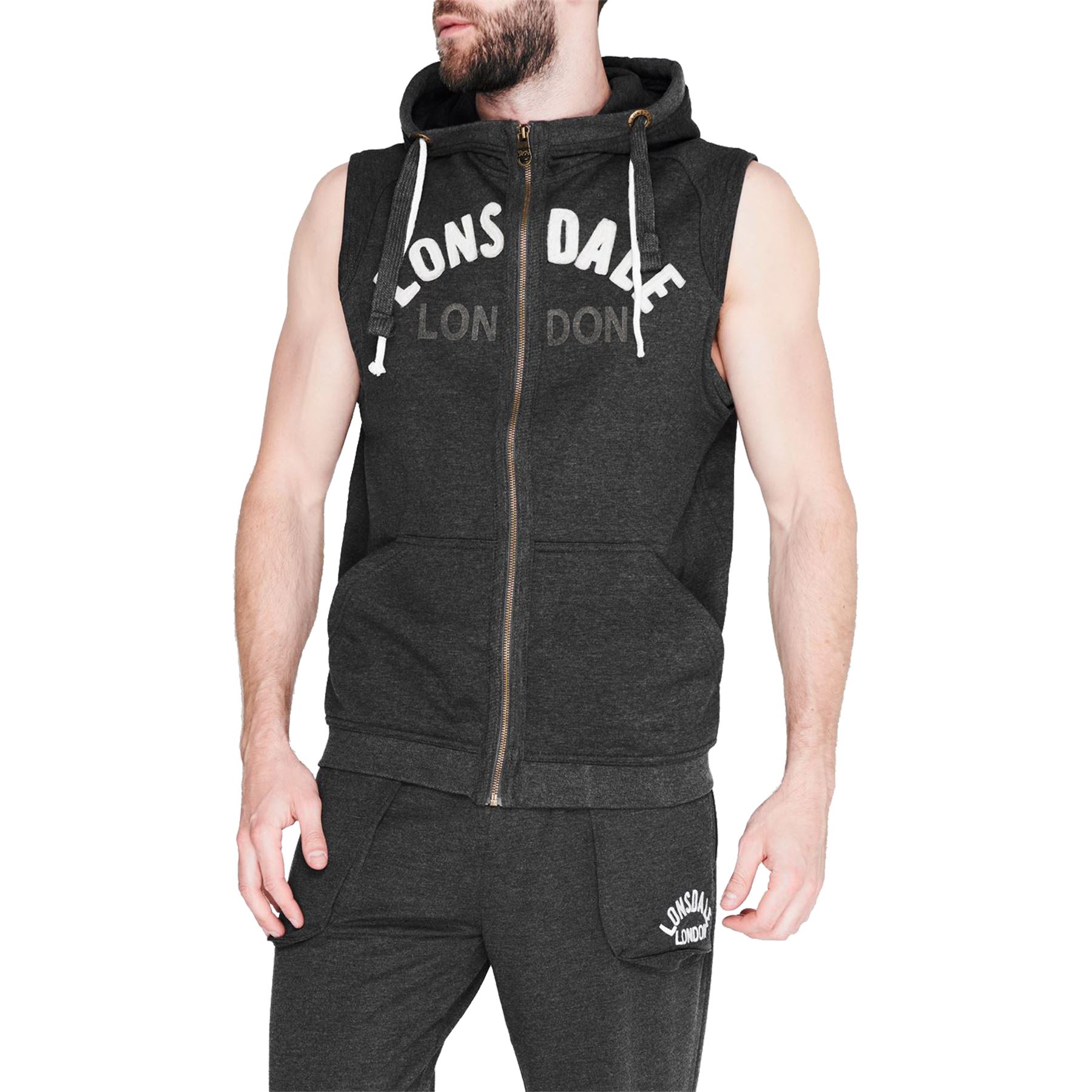 Mens Lonsdale Sleeveless Hoodie Zip Up Hooded Top Gilet Fleece Boxing Jacket