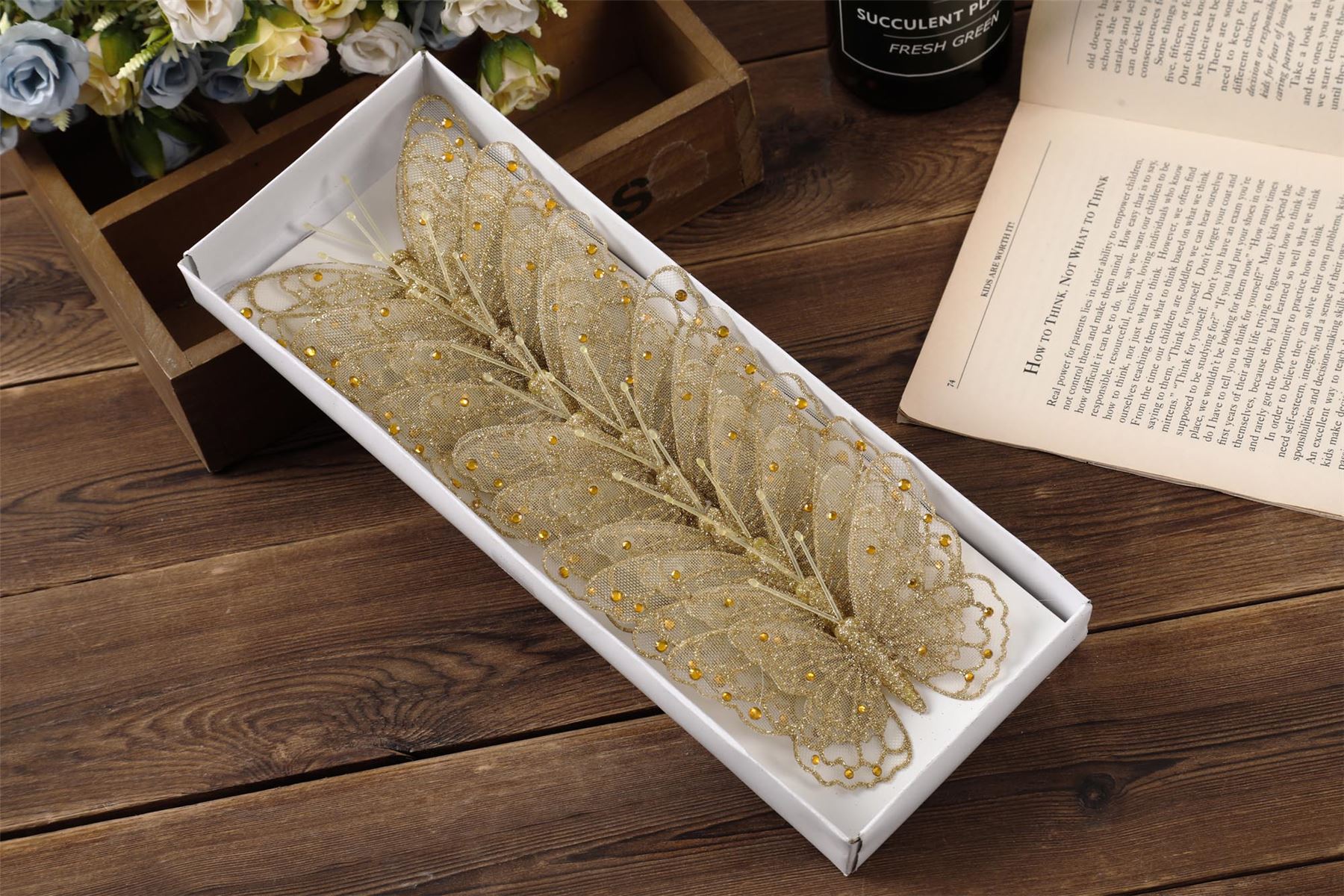Scatola di 12 grandi garza farfalle-Matrimonio Glitter Albero di clip