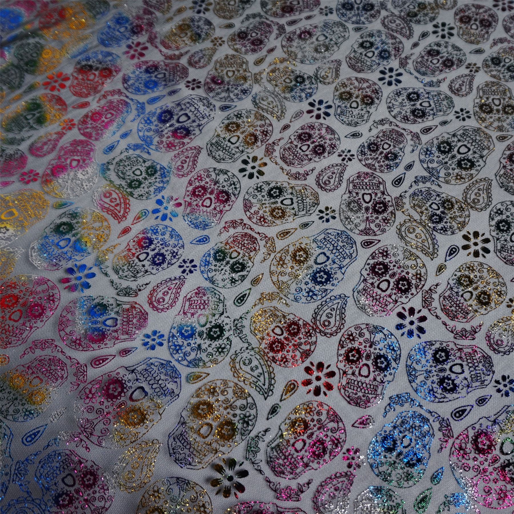 Per Metre Tulle Net Fabric with Multi-coloured Foil Sugar Skulls 2 Colourways