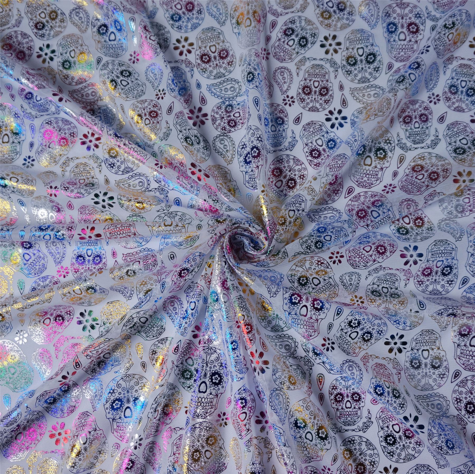 Per Metre Tulle Net Fabric with Multi-coloured Foil Sugar Skulls 2 Colourways