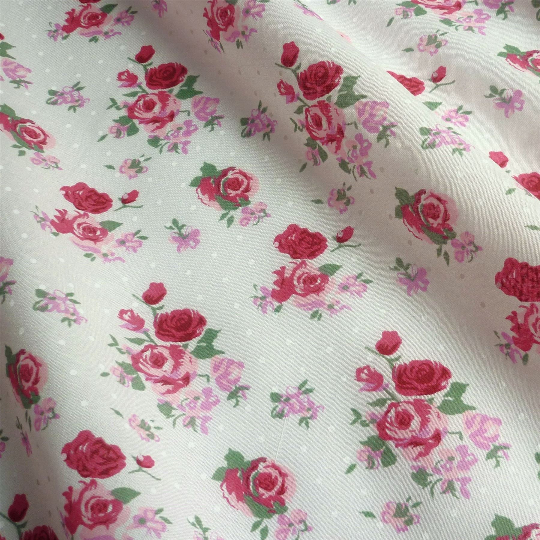 Light Ivory Polka Dot Polycotton Fabric with Roses Various Colours Per Metre