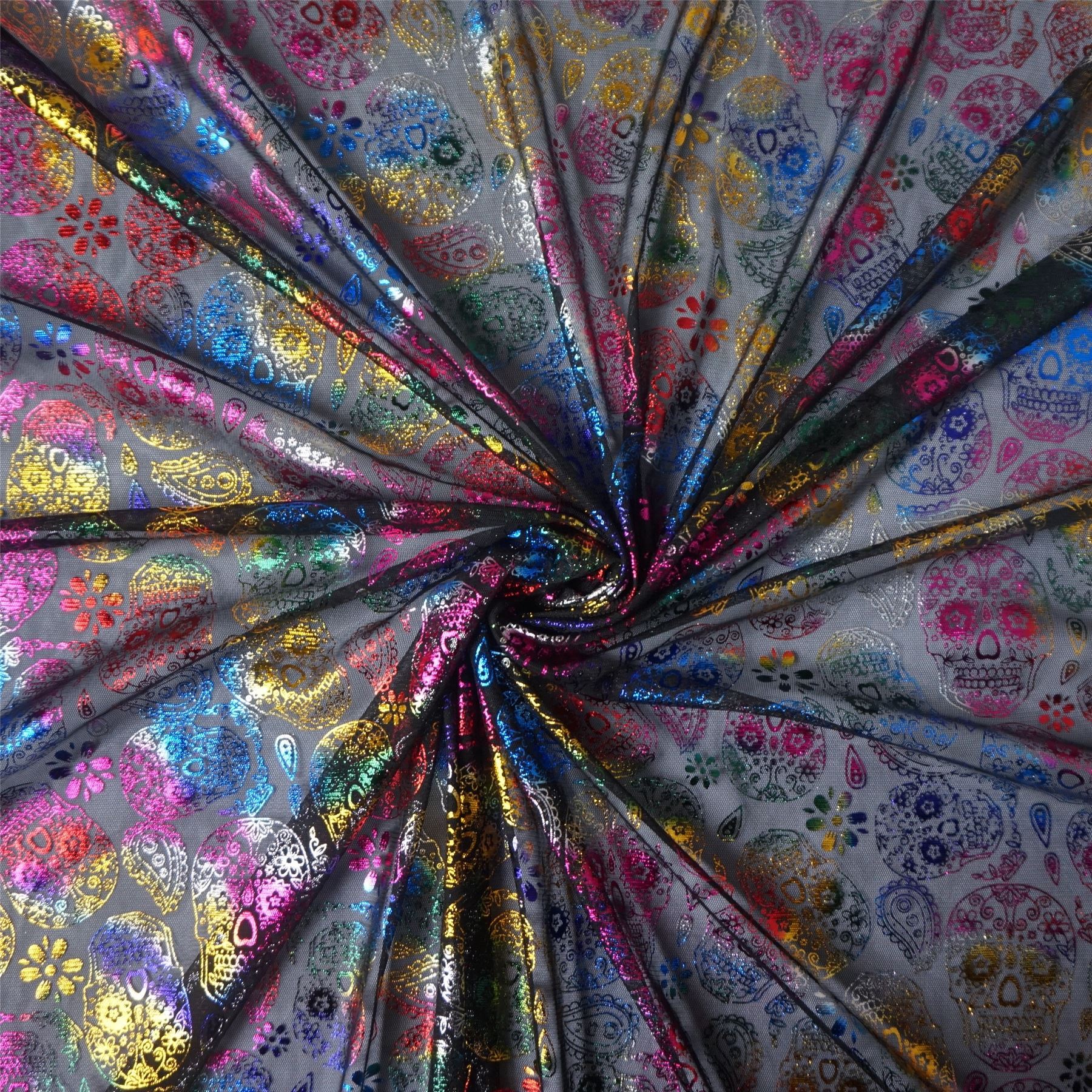 Per Metre Tulle Net Fabric with Multi-coloured Foil Sugar Skulls 2 Colourways