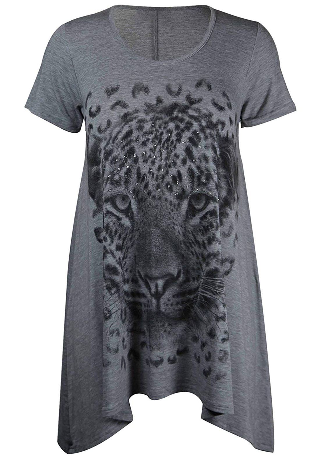 Haut femme à manches courtes Tiger face impression inégale ourlet Haut Femmes Taille Plus Parti Top