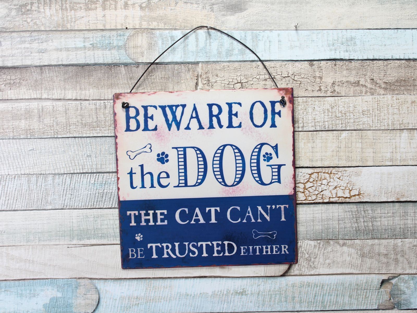 Red or Blue Beware Of The Dog. Cat Can/'t Be Trusted Metal Plaque Sign