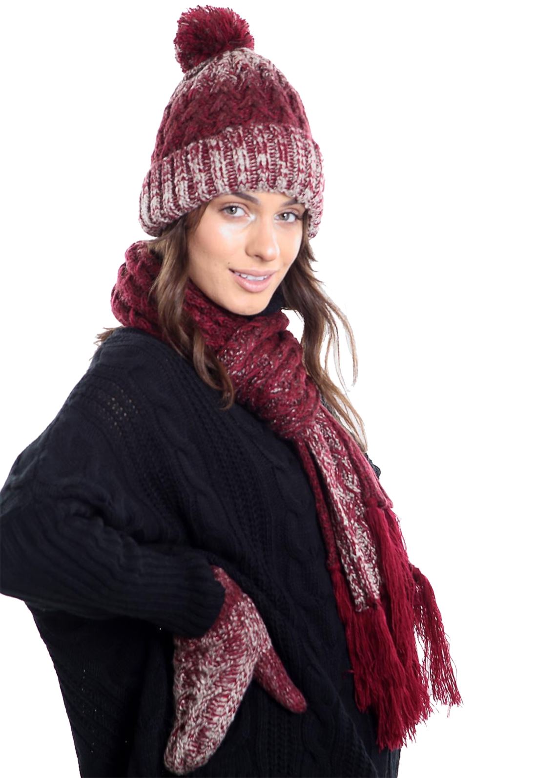 Ladies Fleece Lined Warm Scarf Hat And Mittens Set Women Winter Wear Accessories