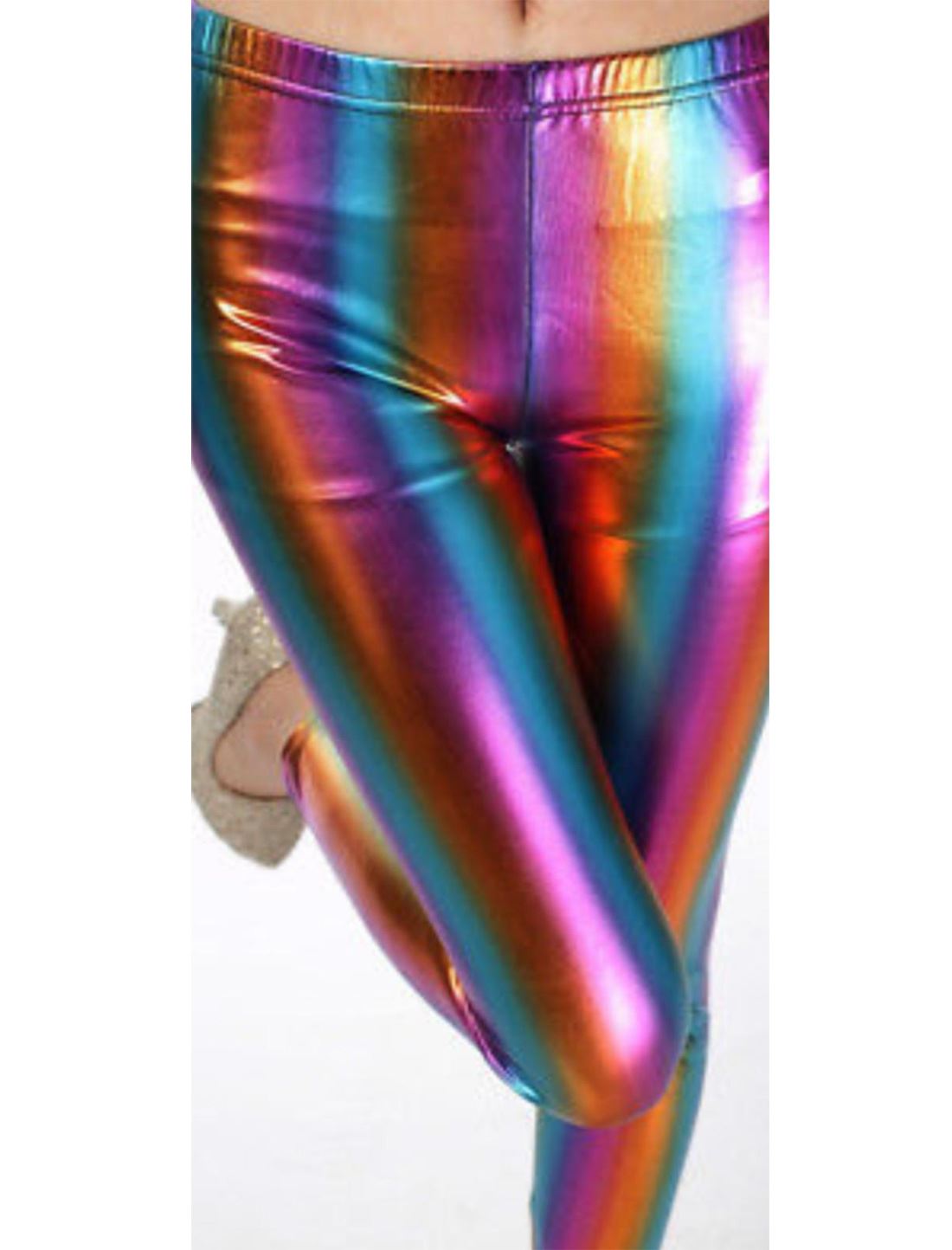Childrens Girls Wet Look Rainbow Metallic Shiny Party Disco Dance Legging Pants