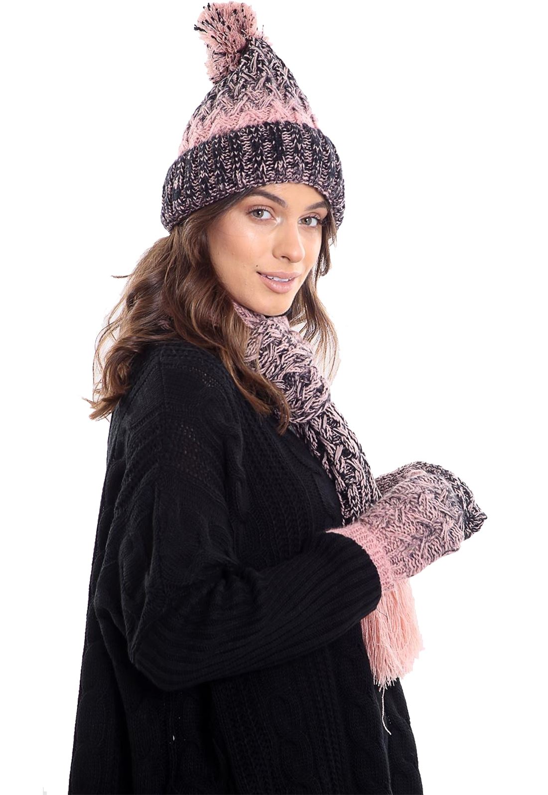 Ladies Fleece Lined Warm Scarf Hat And Mittens Set Women Winter Wear Accessories