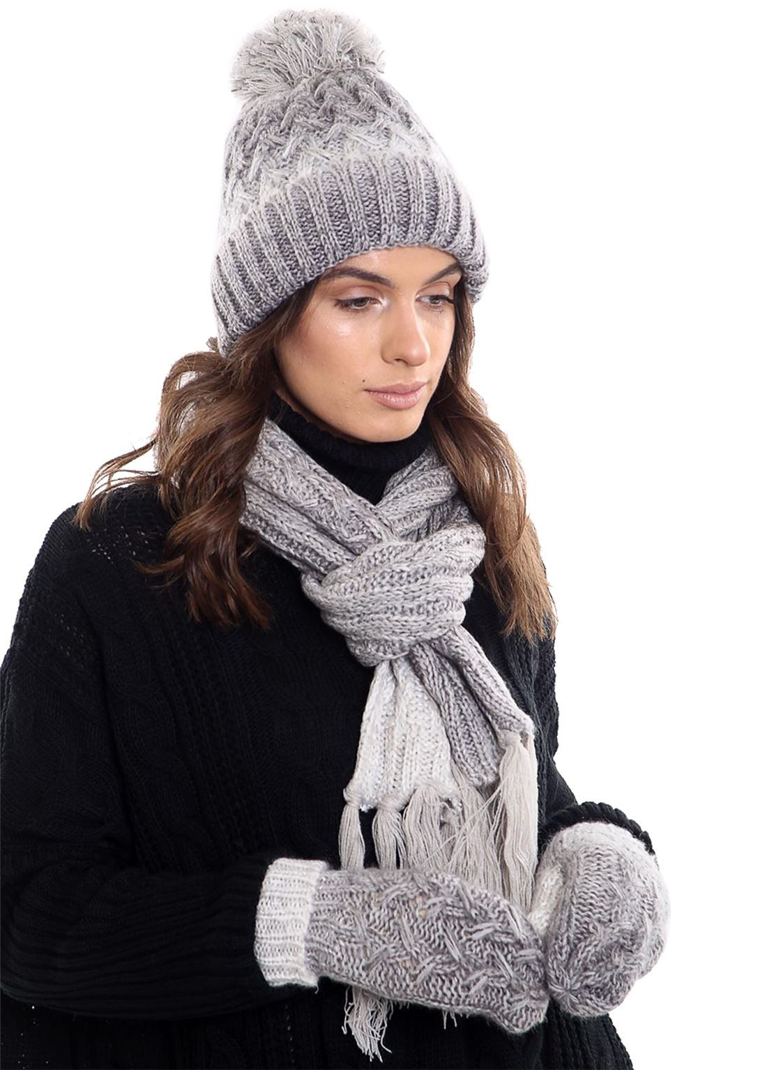 Ladies Fleece Lined Warm Scarf Hat And Mittens Set Women Winter Wear Accessories