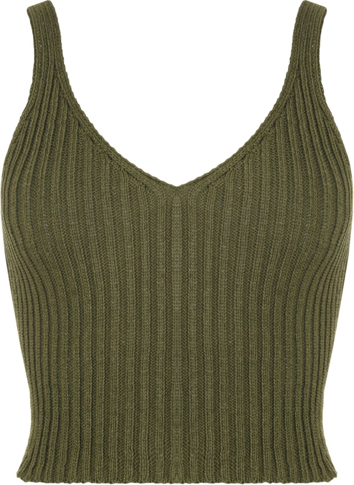 Womens Knitted Ribbed Bralet V Neck Crochet Sleeveless Cami Belly Crop Top