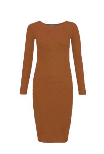Femme à Manches Longues Près Du Corps Extensible Jersey Uni Midi Maxi Dress Plus Size