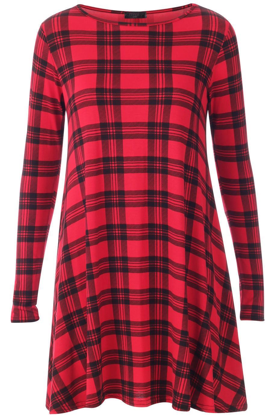 WOMENS TARTAN LADIES LEOPARD TIGER PRINT LONG SLEEVE SWING DRESS TUNIC TOP 8-26
