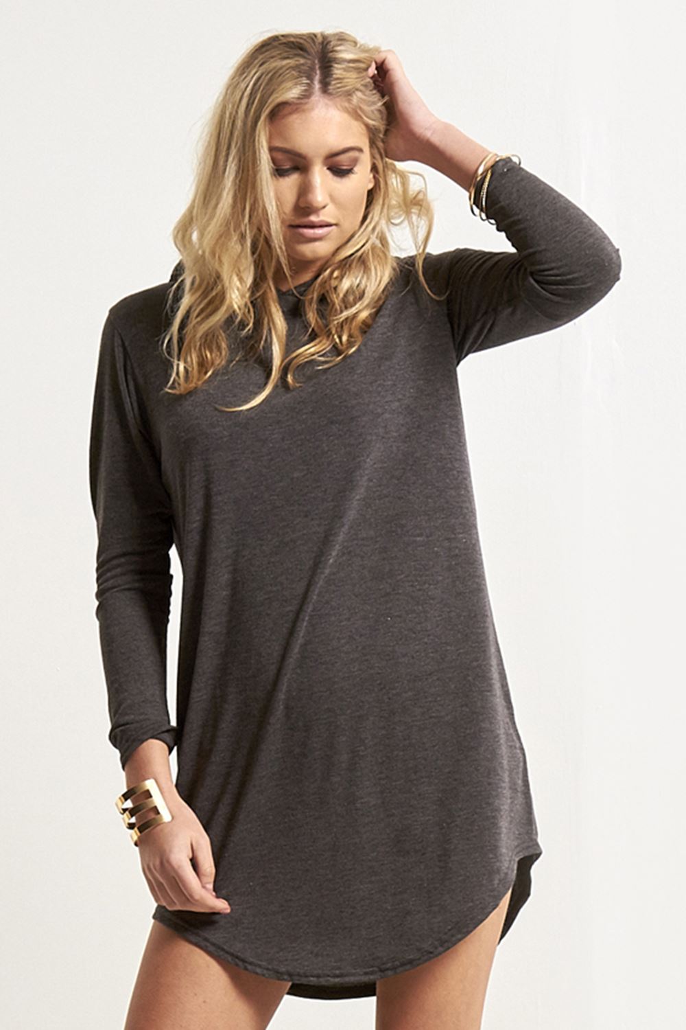 Womens Hooded Varsity Ladies Stripes Baggy Hoodie Curved Hem Mini Shirt Dress