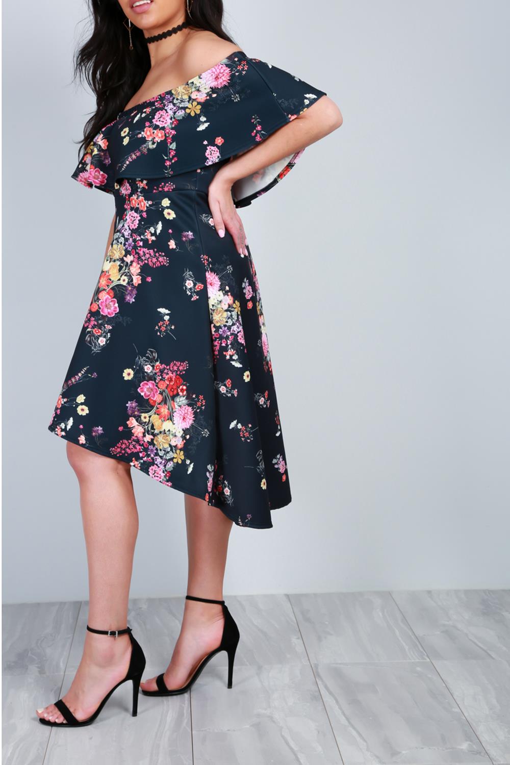 Femme Femmes Off Le Épaule Freya Floral Bardot Peplum Haute Basse Midi robe