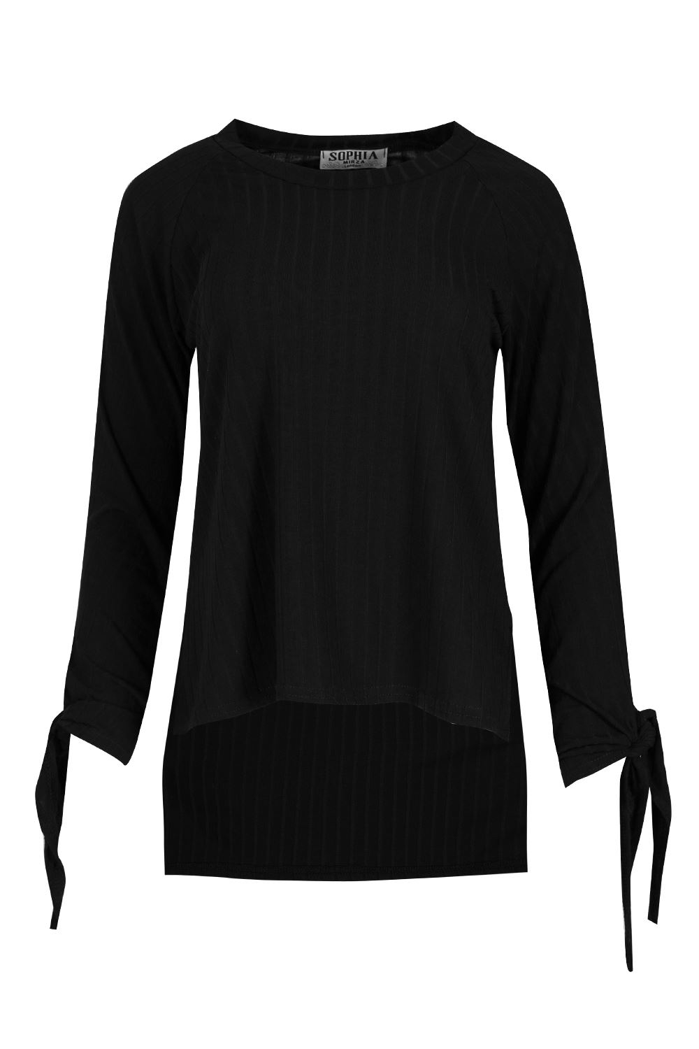 Para Mujer Llanura de manga larga Tejido Acanalado nudo de corbata Damas Hi Lo Holgado Camiseta Top