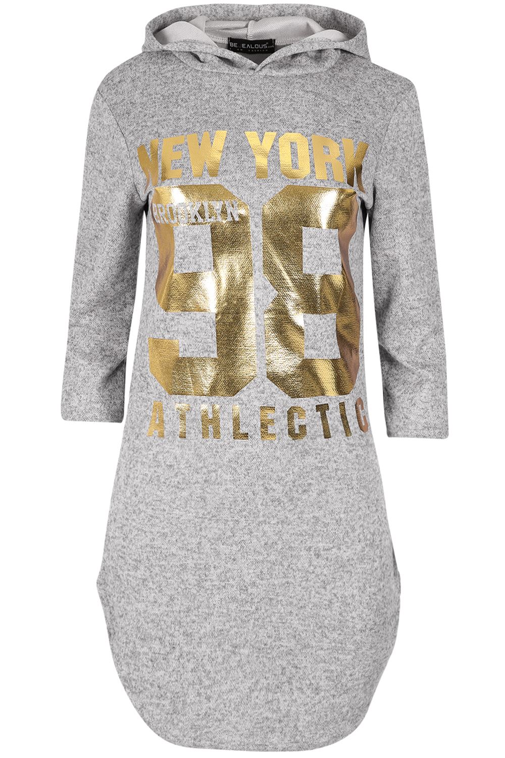 Womens Ladies Curved Hem New York 98 Gold Foil Overhead Marl Knitted Shirt Dress