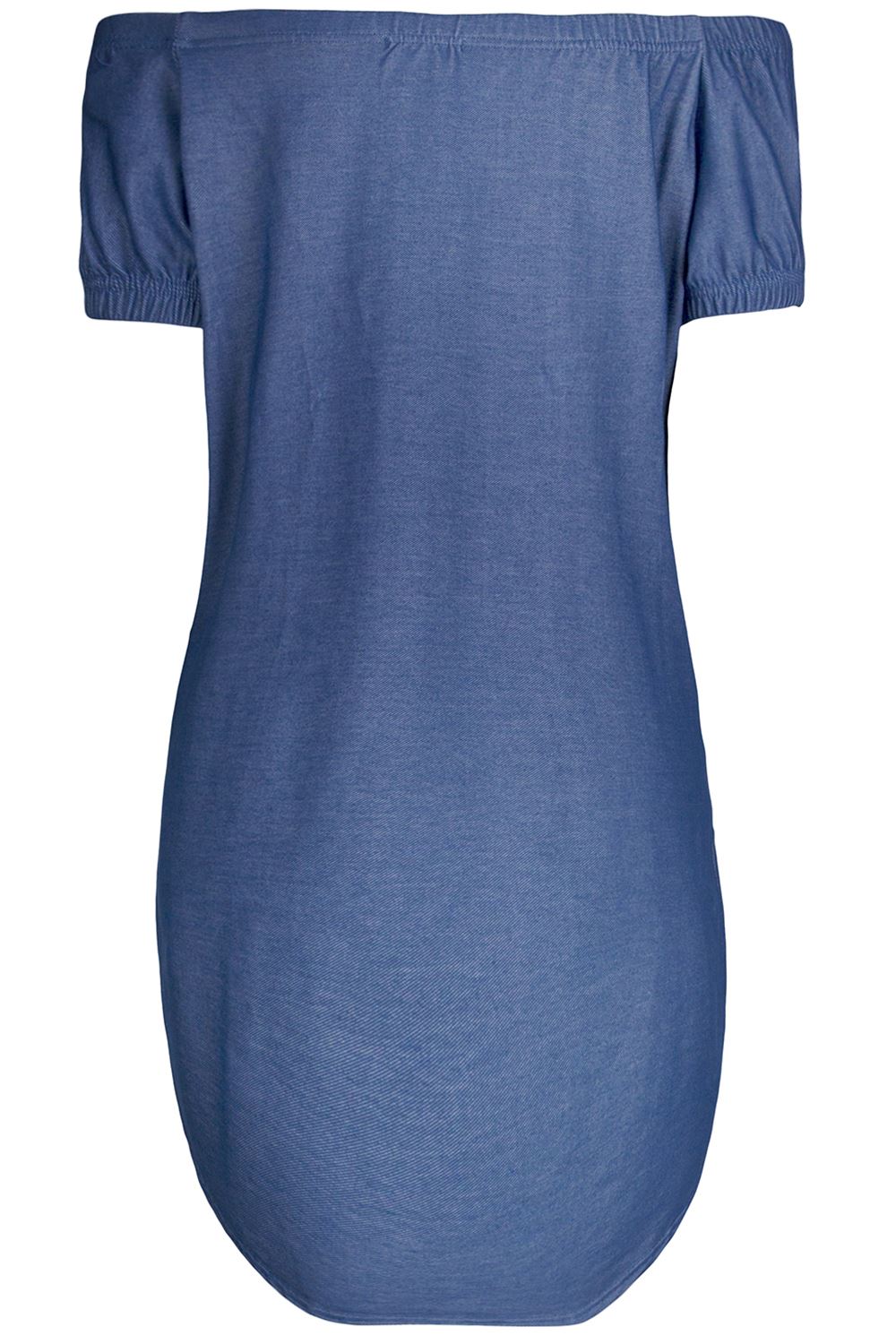 Womens Denim Off The Shoulder Bardot Side Split Curved Hem High Low Shirt Dress