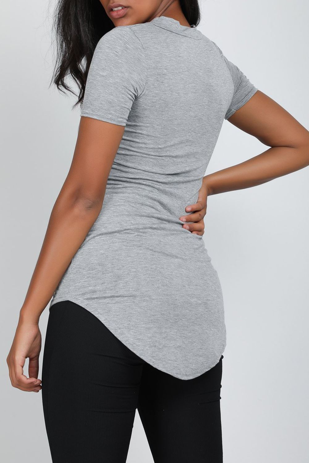 FEMME COL V ARRONDI ourlet simple à manches courtes Slim Fit Pull-over T Shirt Top